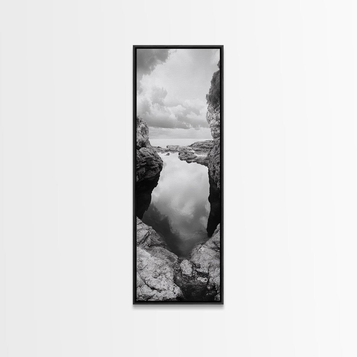 Tide Pool, Coastal Reflection, Tranquil Cove, Cloudy Sky, Framed Canvas Print Zen Bathroom Art, Minimalist Nature Wall Decor, Neutral Modern Style
