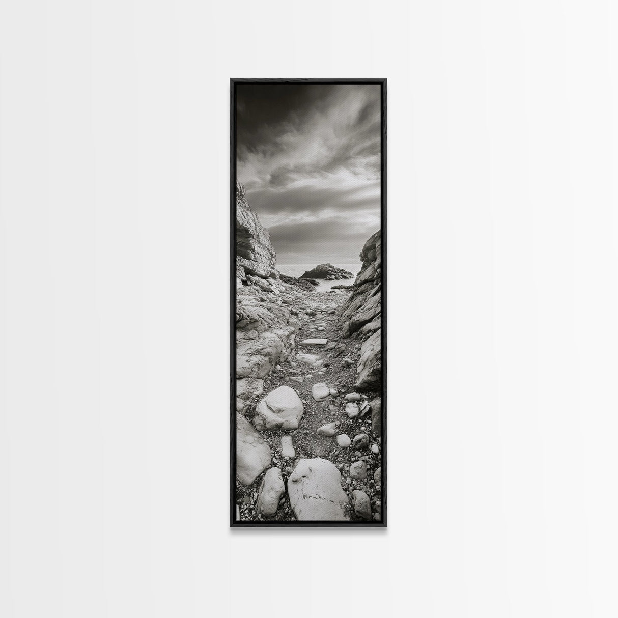 Rocky Coast Path, Serene Ocean View, Minimalist Nature, Framed Canvas Print, Neutral Tones, Beach Art, Hallway Wall Decor, Coastal Home Vibe