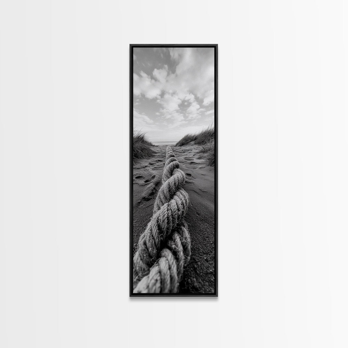 Rope in Sand, Beach Path Perspective, Coastal Journey, Framed Canvas Print, Bathroom Wall Art, Seaside Style, Minimalist Nautical Scene
