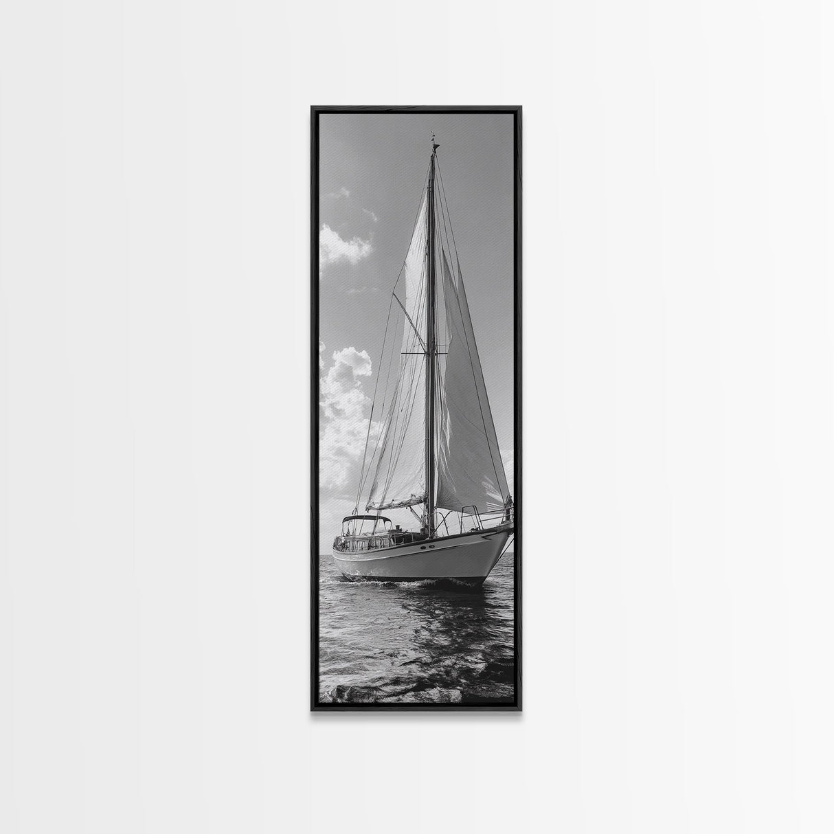 Sailboat Ocean Art, Nautical Wall Decor, Minimalist Seascape, Coastal Living Room Style, Framed Canvas Print, Black White Sailboat