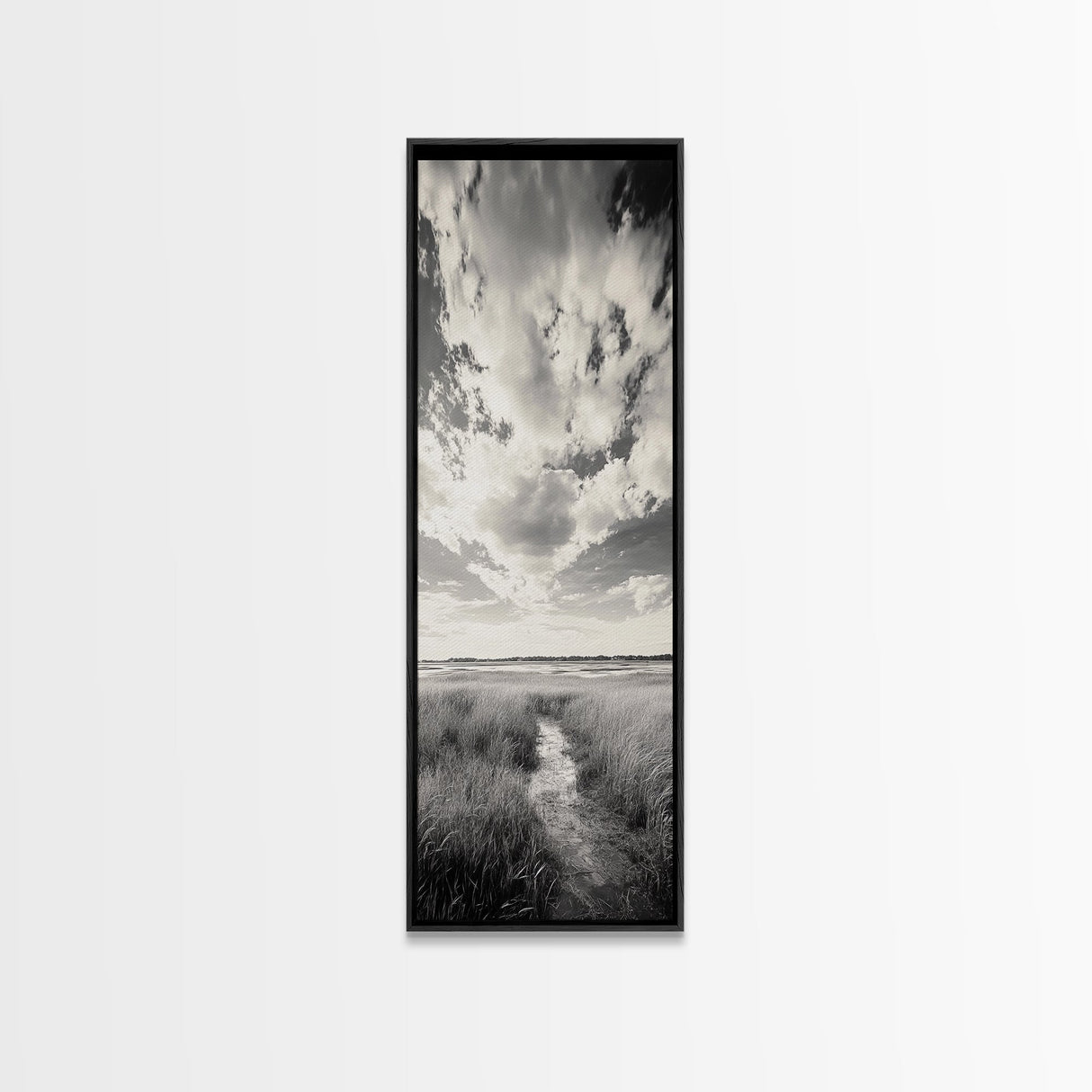 Marshland Pathway, Coastal Grassland Art, Nature Wall Decor, Calm Landscape Style, Framed Canvas Print, Neutral Tones Minimalist