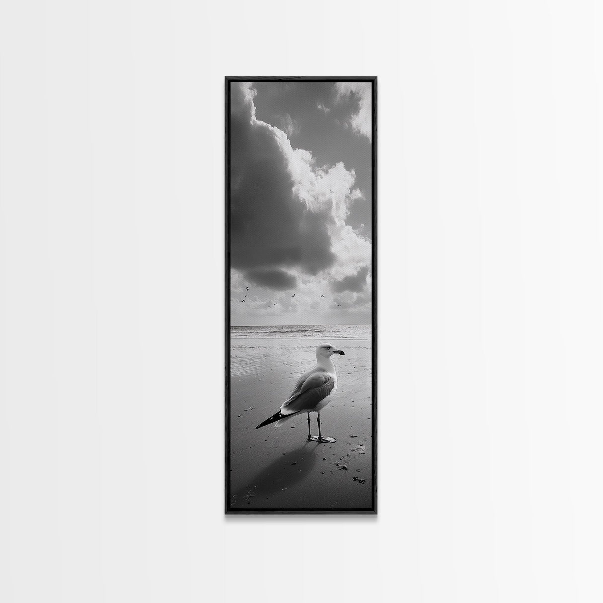 Seagull, Ocean Breeze, Beach Minimalism, Tranquil Shoreline, Seagull Photo Art, Coastal Framed Canvas Print, Bathroom Wall Decor