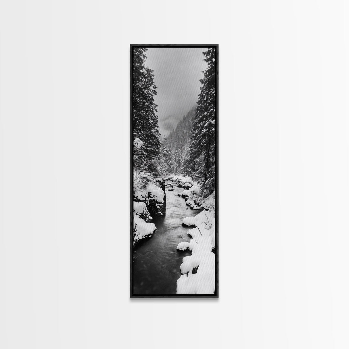 Winter Forest, Snowy River, Pine Trees, Canvas Print, Cozy Cabin Wall Art, Nature Lover Gift, Scandinavian Style, Holiday Decor, Bedroom Decor