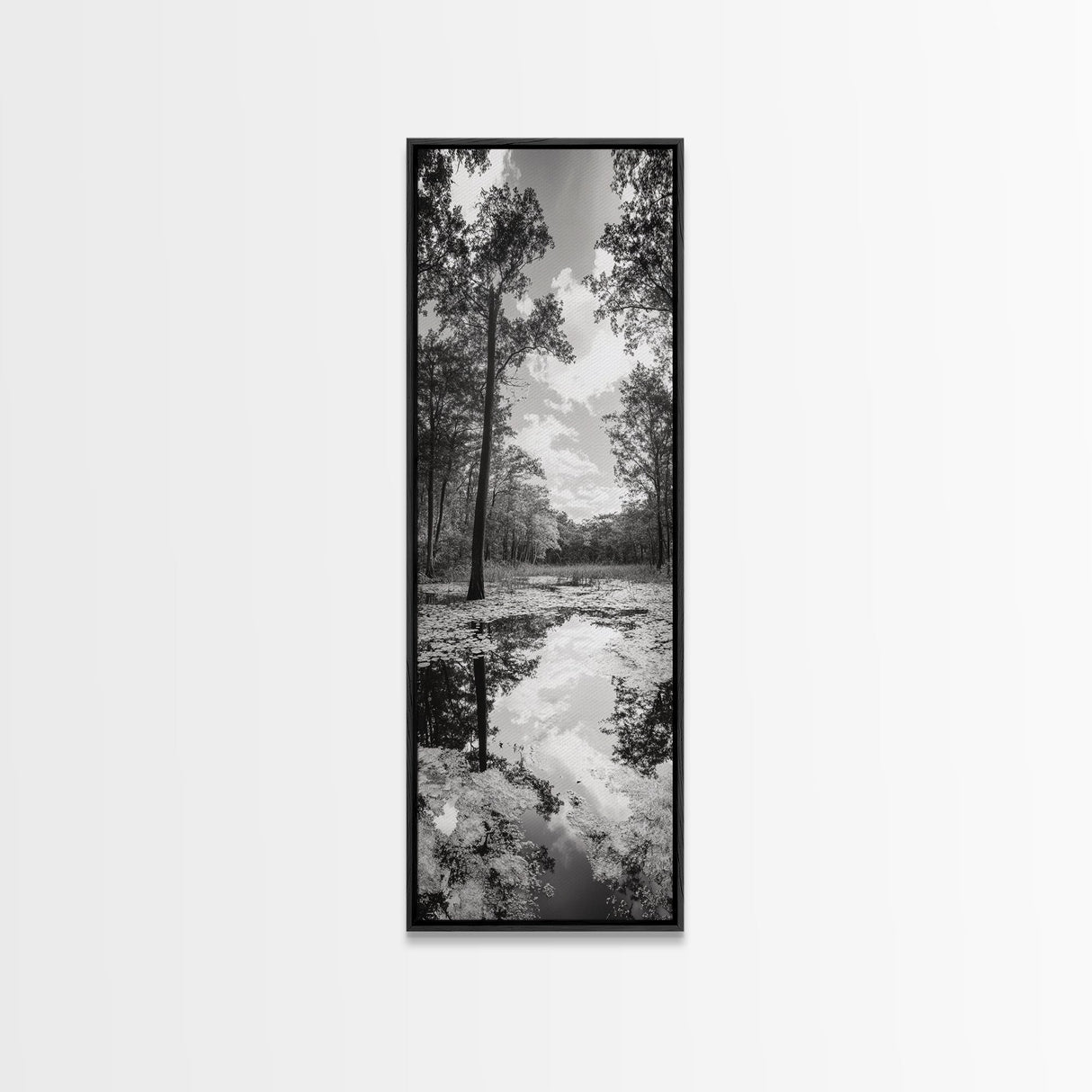 Reflective Forest, Nature Calm, Monochrome Trees, Peaceful Swamp, Framed Canvas Print, Rustic Cabin Decor, Moody Wall Art, Entryway Print
