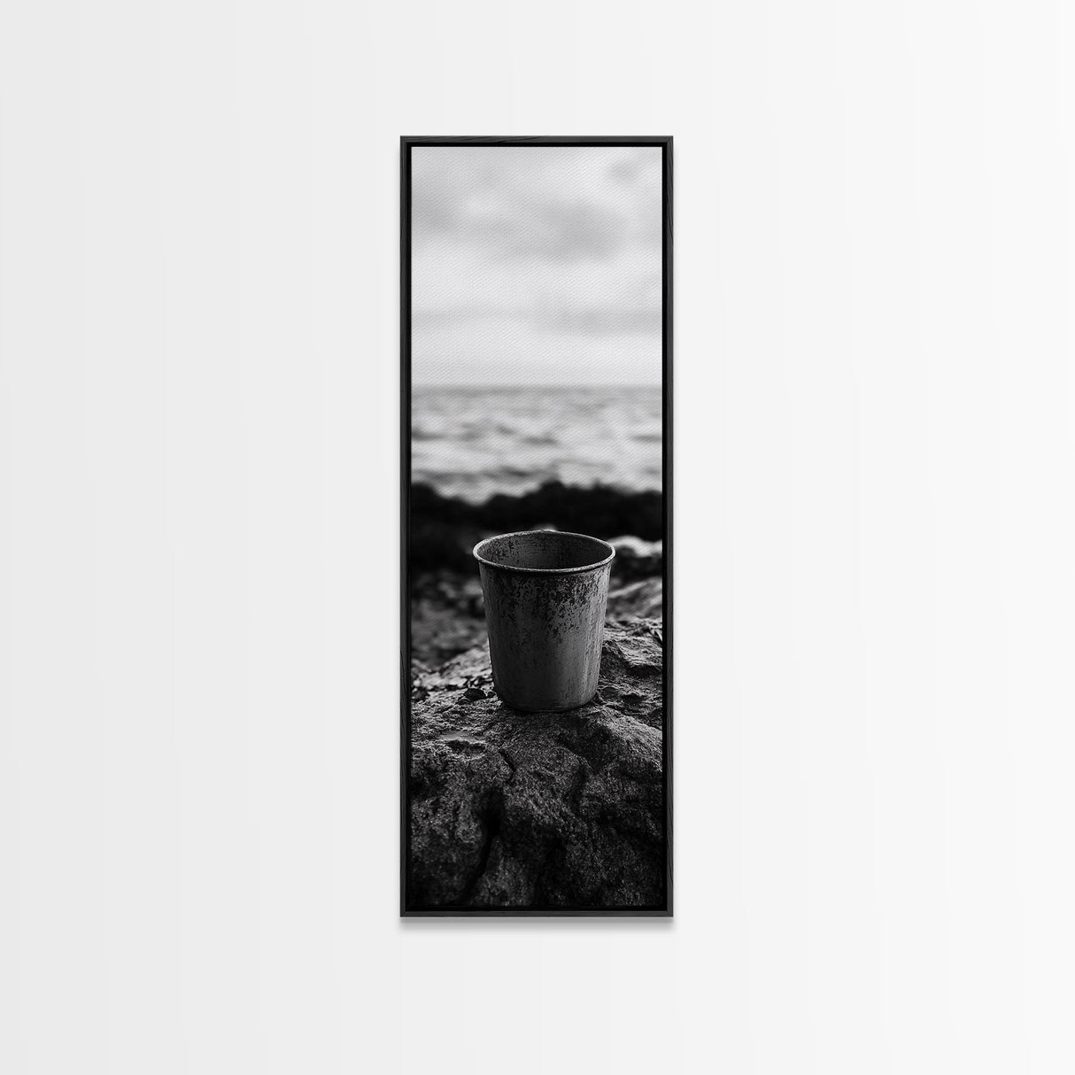Metal Cup, Shoreline Still Life, Rustic Seaside, Canvas Print, Vintage Aesthetic, Coastal Kitchen Wall Art, Minimal Beach Mood