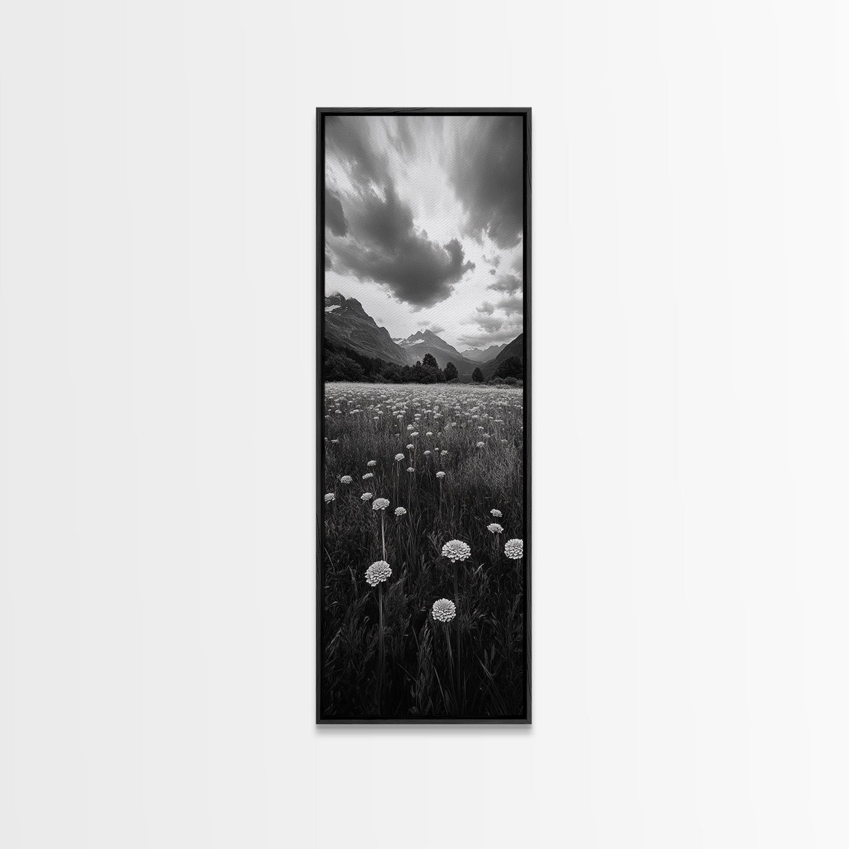 Wildflower Field, Alpine Meadow, Mountain Backdrop, Nature Print, Serene View, Framed Canvas Print, Living Room Wall Art, Rustic Farmhouse Decor