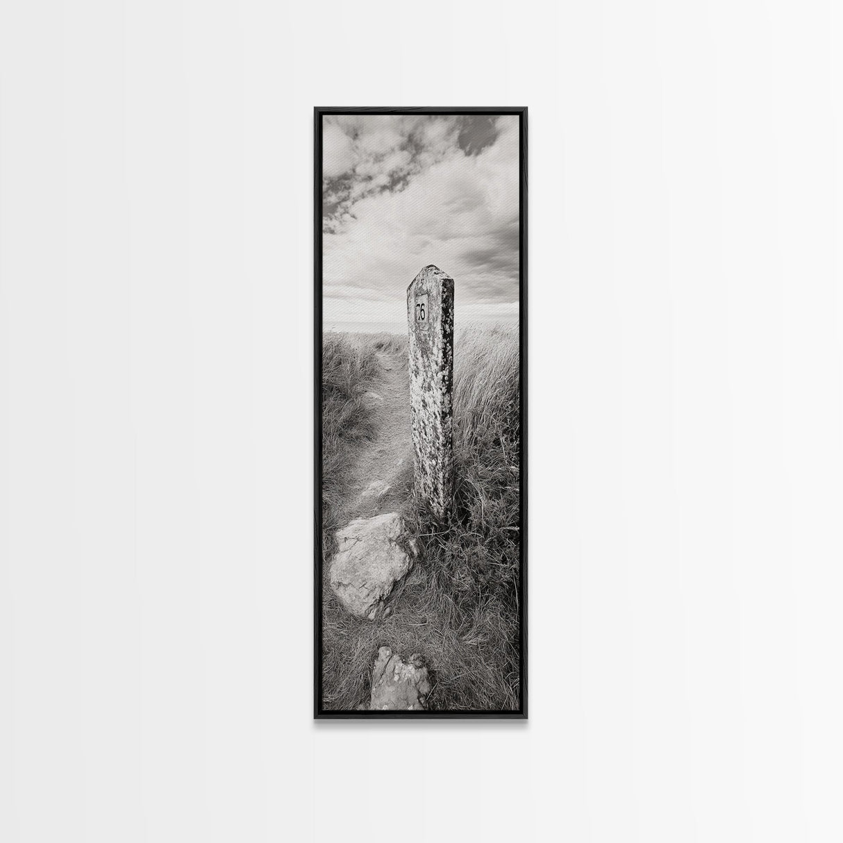 Rural Path, Weathered Stone, Grassy Trail, Framed Canvas Print, Rustic Nature Wall Art, Minimalist Entryway Decor, Autumn Landscape Art
