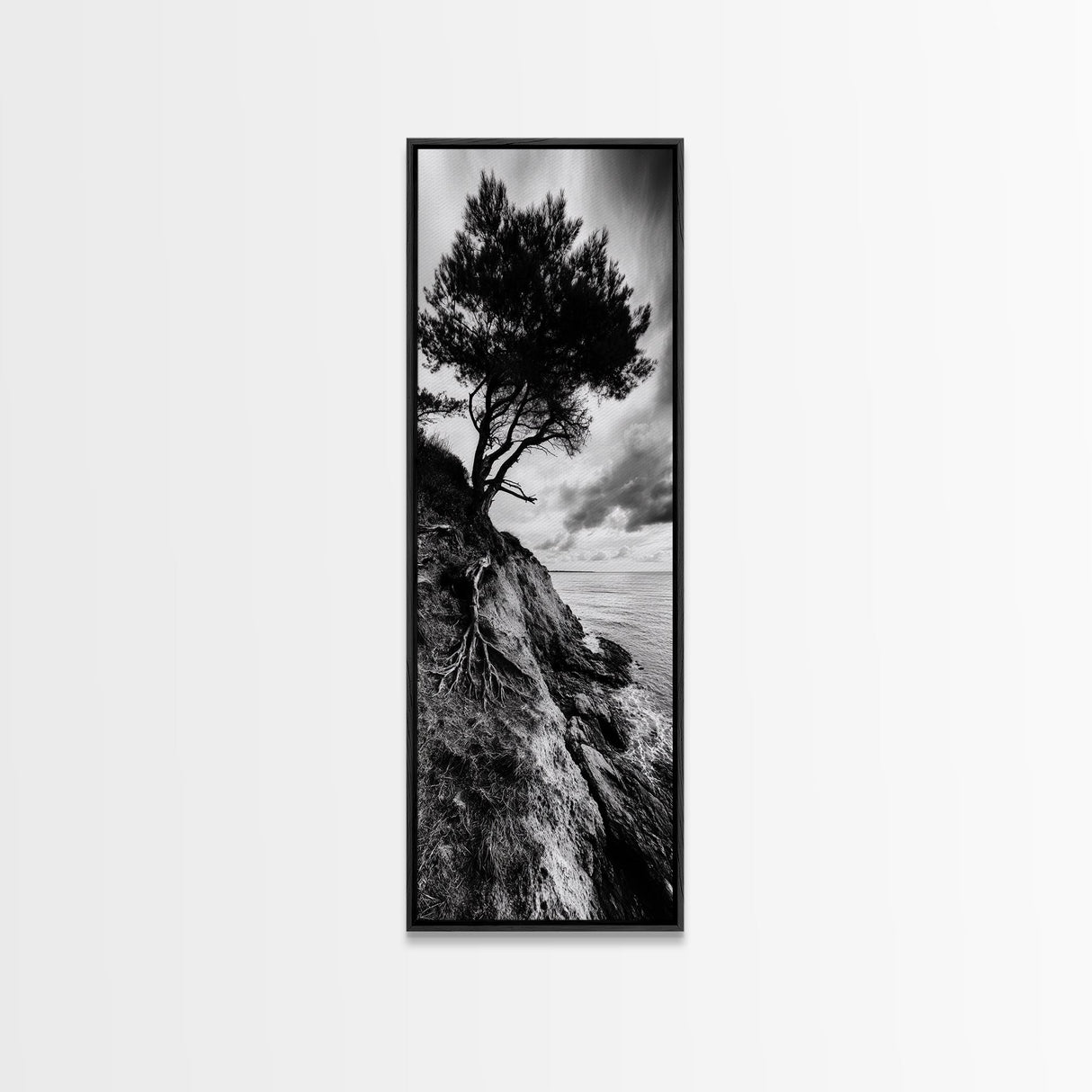 Cliff Tree, Coastal Roots, Dramatic Landscape, Framed Canvas Print, Bold Nature Wall Art, Modern Black And White Decor, Fall Office Accent