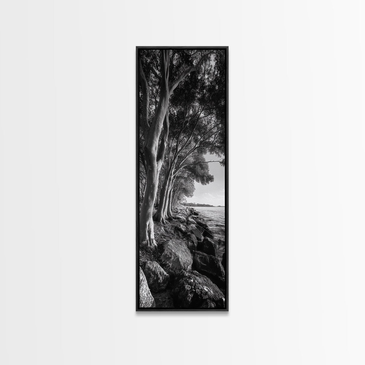 Riverside Trees, Rocky Shore, Natural Light, Canvas Print, Tranquil Forest Photography, Boho Nature Decor, Living Room Wall Art