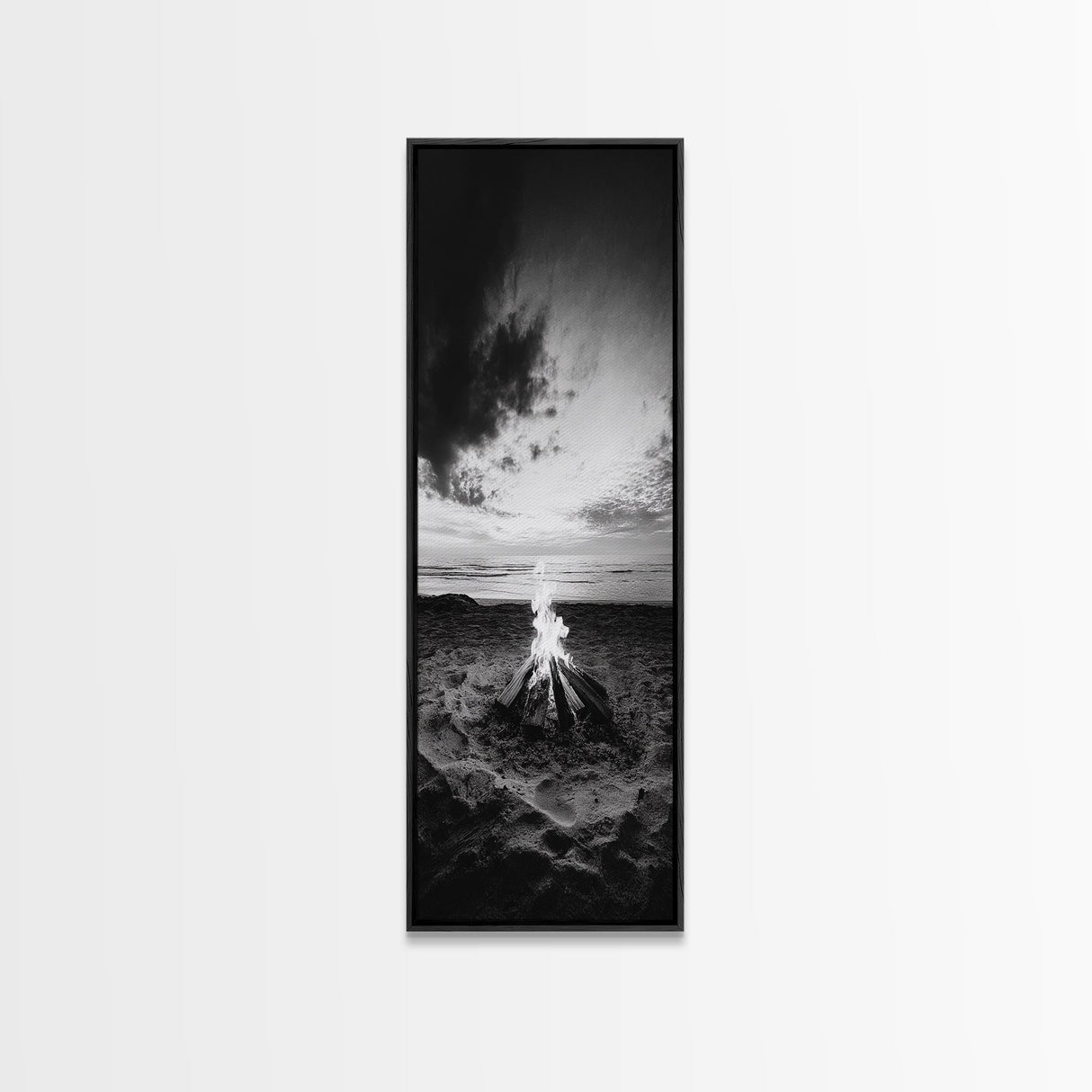 Peaceful Beach Fire, Twilight Shore, Ocean Ember, Tranquil Seascape, Framed Canvas Print, Autumn Wall Art, Rustic Nature Room Decor