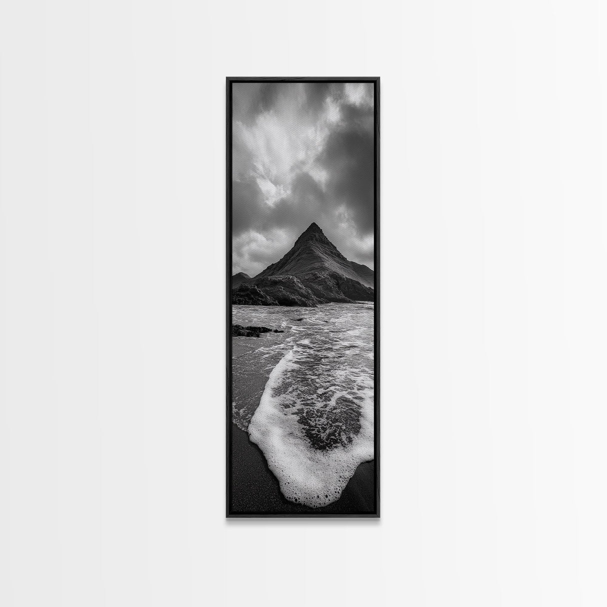Dramatic Seaside Peak, Coastal Mountain Wall Art, Black Beach Photography, Bold Nature Decor, Canvas Print, Living Room Art