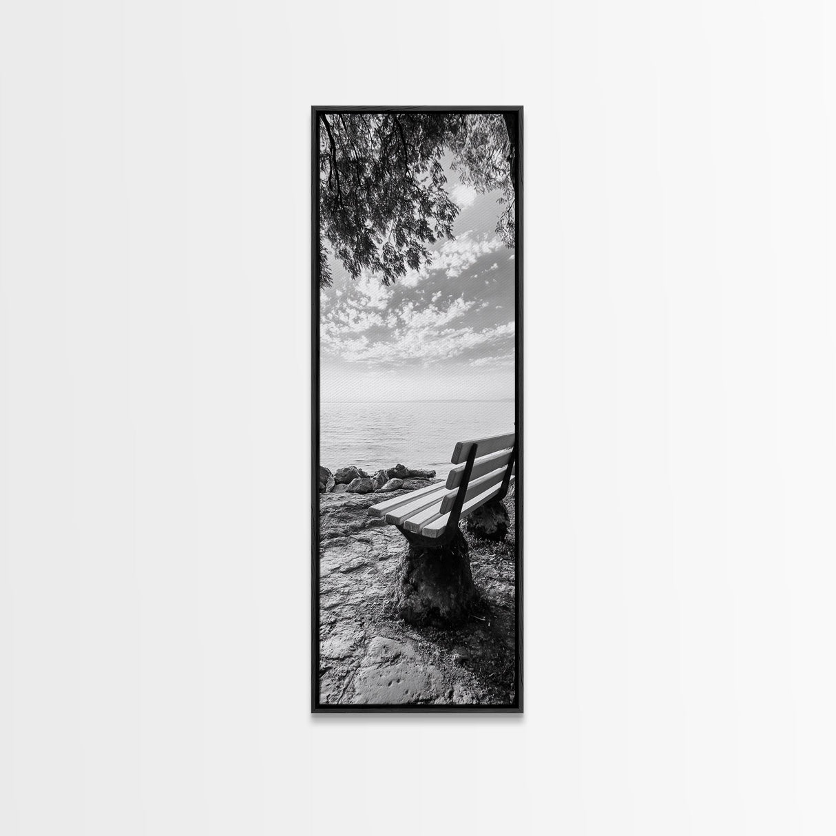 Lakeside Bench View, Peaceful Nature Scene, Tranquil Reflection Print, Minimalist Wall Decor, Zen Office Art, Framed Canvas Print