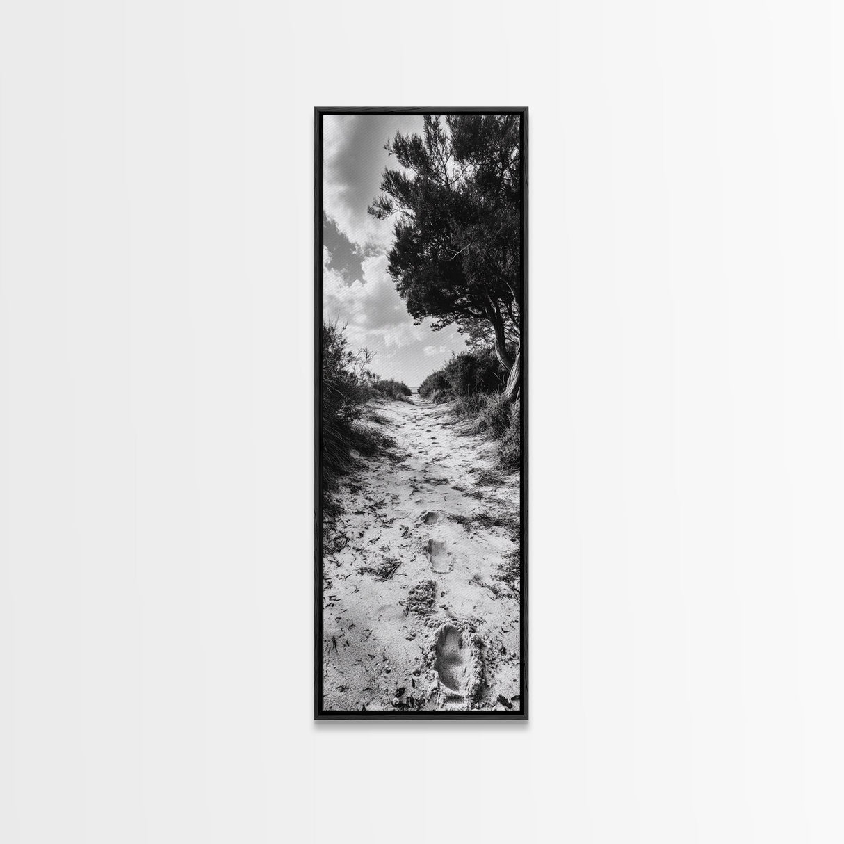 Sandy Trail Path, Coastal Forest Walk, Nature Photography, Framed Canvas Print, Boho Bedroom Wall Art, Minimalist Seaside Home Decor