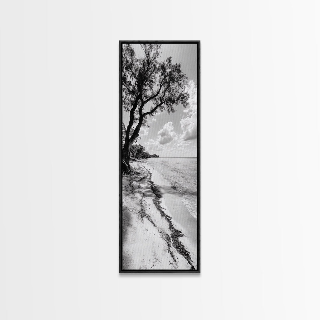 Serene Beach Tree, Calm Ocean Coast, Black White Shoreline, Framed Canvas Print, Coastal Entryway Decor, Minimal Nature Wall Art