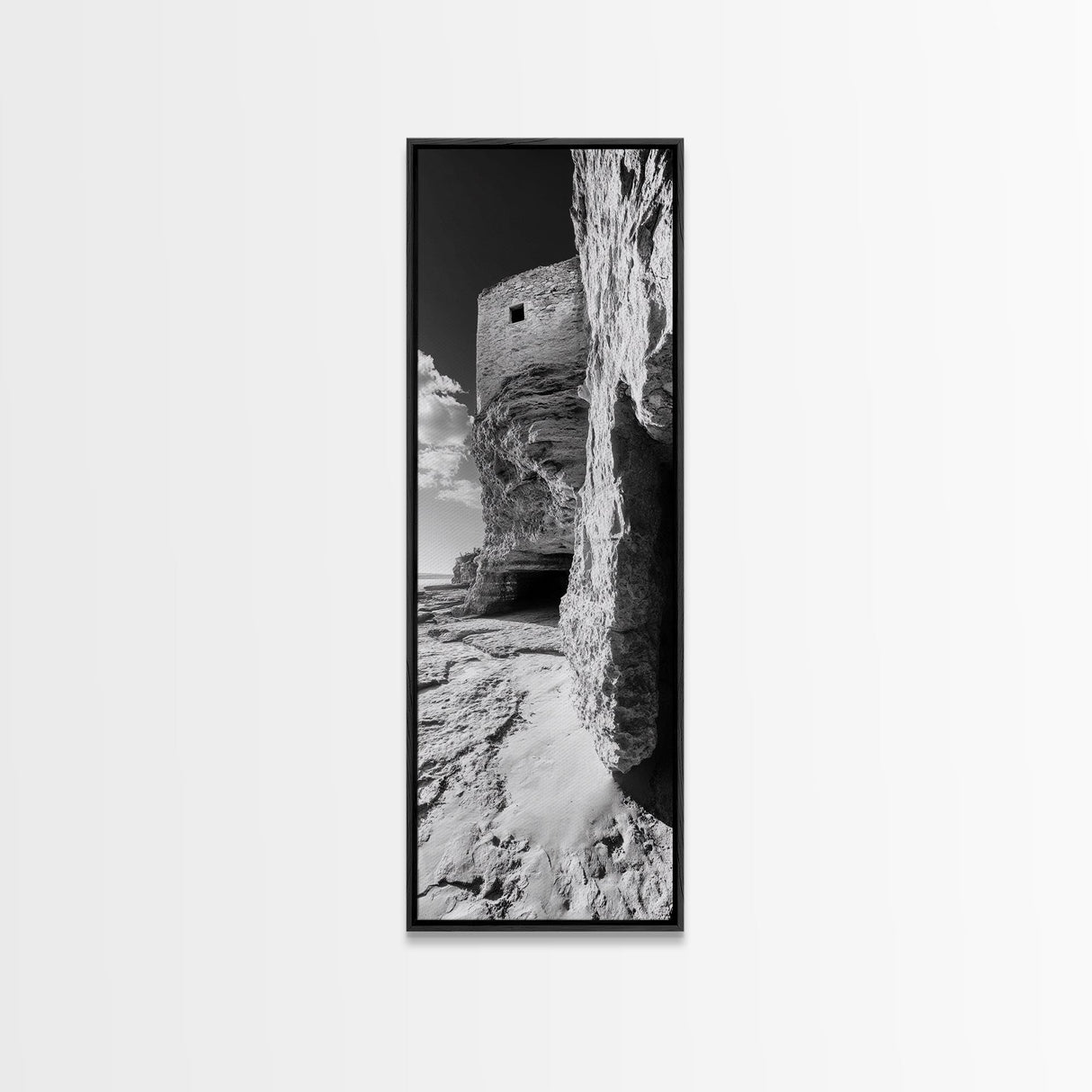 Stone Fortress, Ancient Cliffs, Coastal Ruins, Framed Canvas Print, Rustic Wall Decor, Neutral Tones Living Room Wall Art, Nature Decor