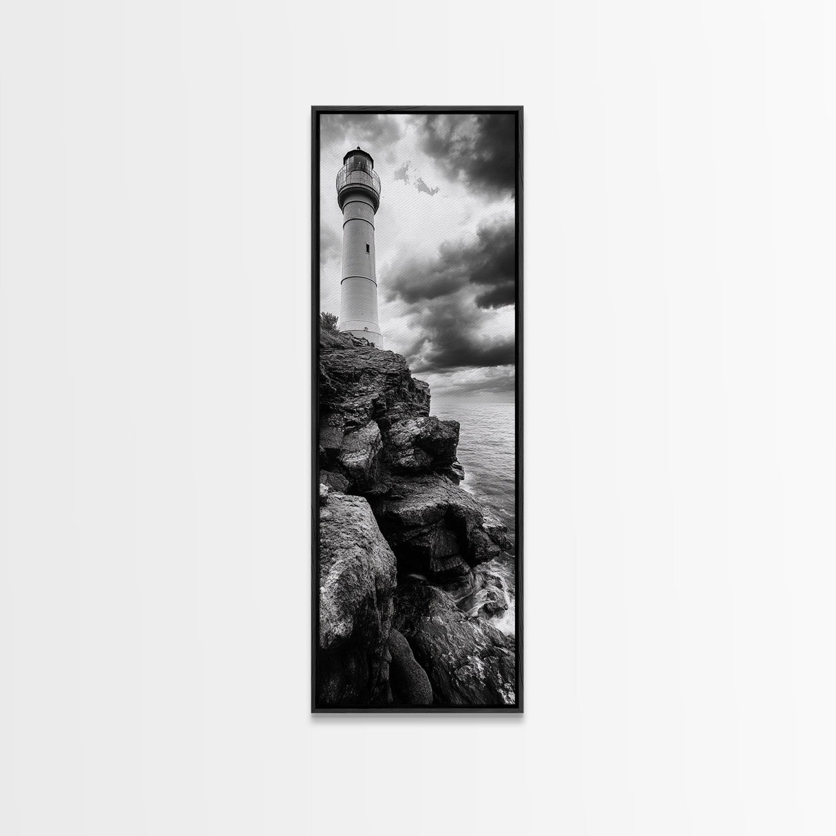 Lighthouse Coast, Stormy Sky, Black White Ocean, Framed Canvas Print, Nautical Wall Art, Rustic Beach House Living Room Decor