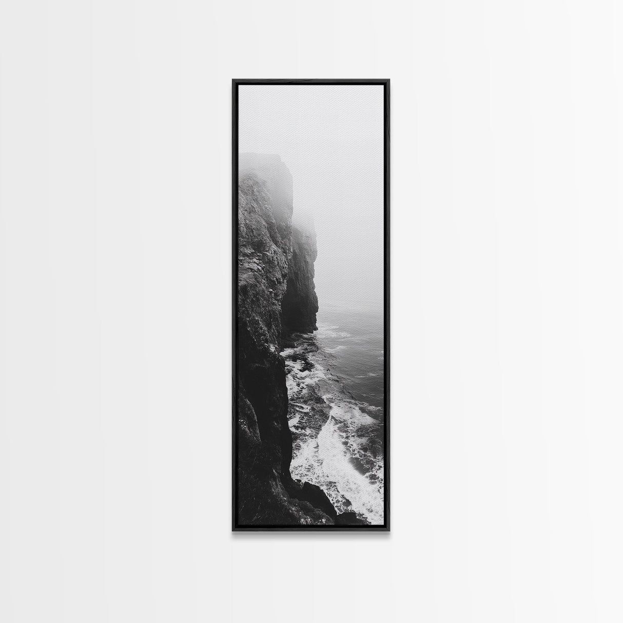 Foggy Cliffs, Moody Coast, Dramatic Seascape, Framed Canvas Print, Modern Dark Aesthetic Art, Minimalist Living Room Wall Decor