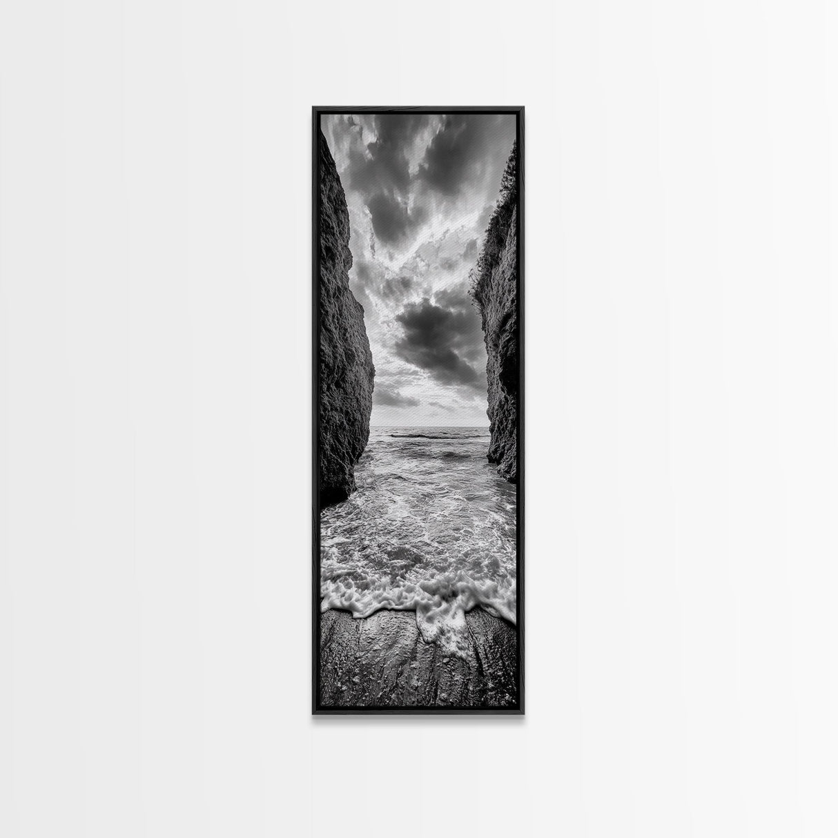 Ocean Gap, Cliffside Horizon, Black White Waves, Framed Canvas Print, Modern Coastal Wall Art, Nautical Living Room Decor, Nature Decor