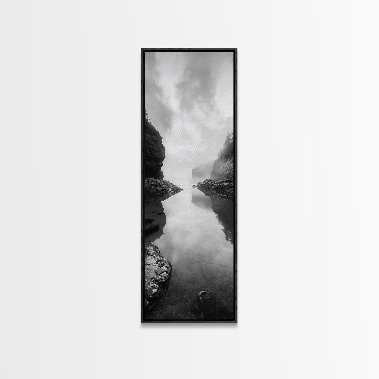 Misty Inlet, Rocky Shoreline, Tranquil Waters, Canvas Print, Moody Landscape Photography, Living Room Art, Nature Inspired Decor