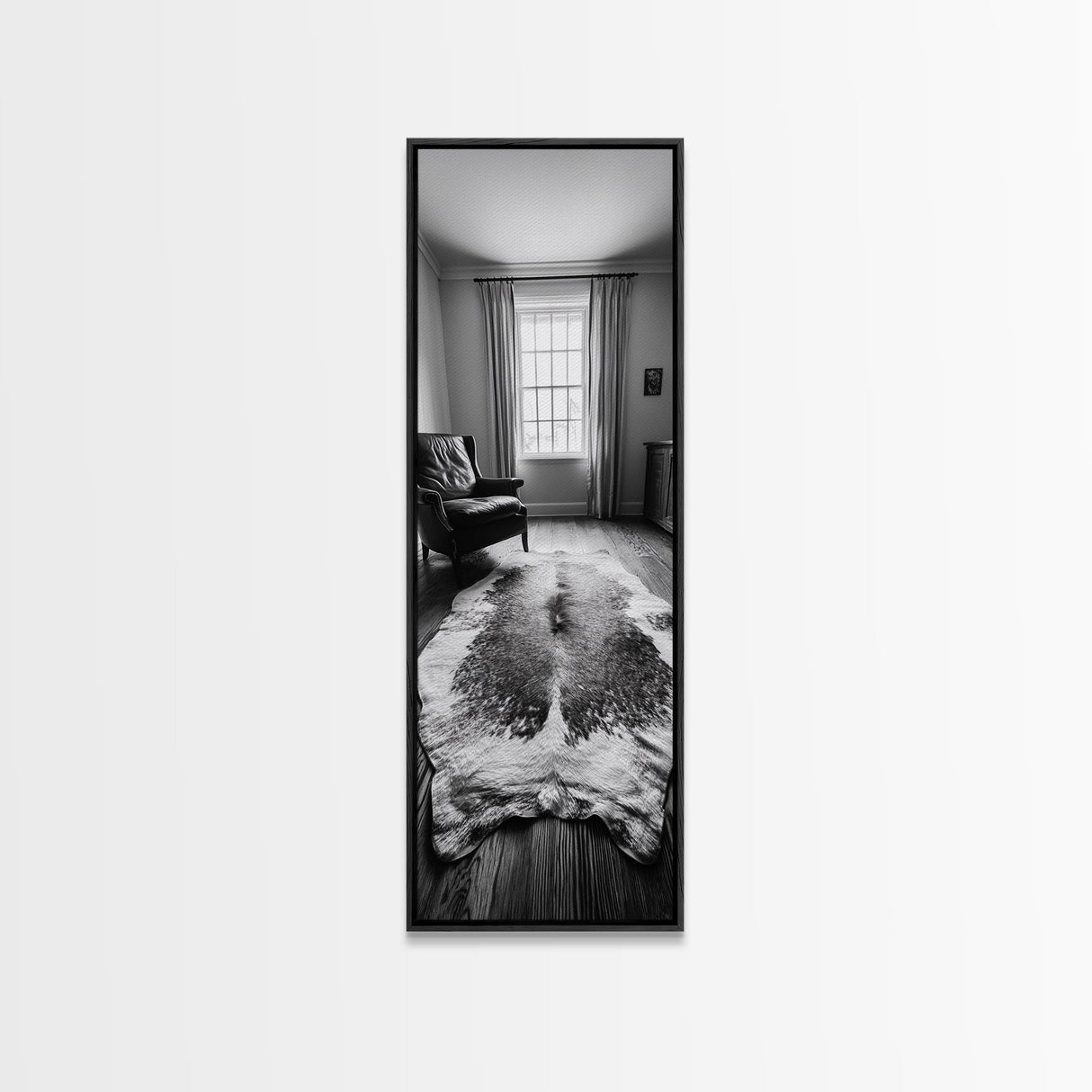 Leather Chair, Cozy Window, Cowhide Rug, Framed Canvas Print, Farmhouse Living Room Decor, Rustic Minimalist Art, Monochrome Interior