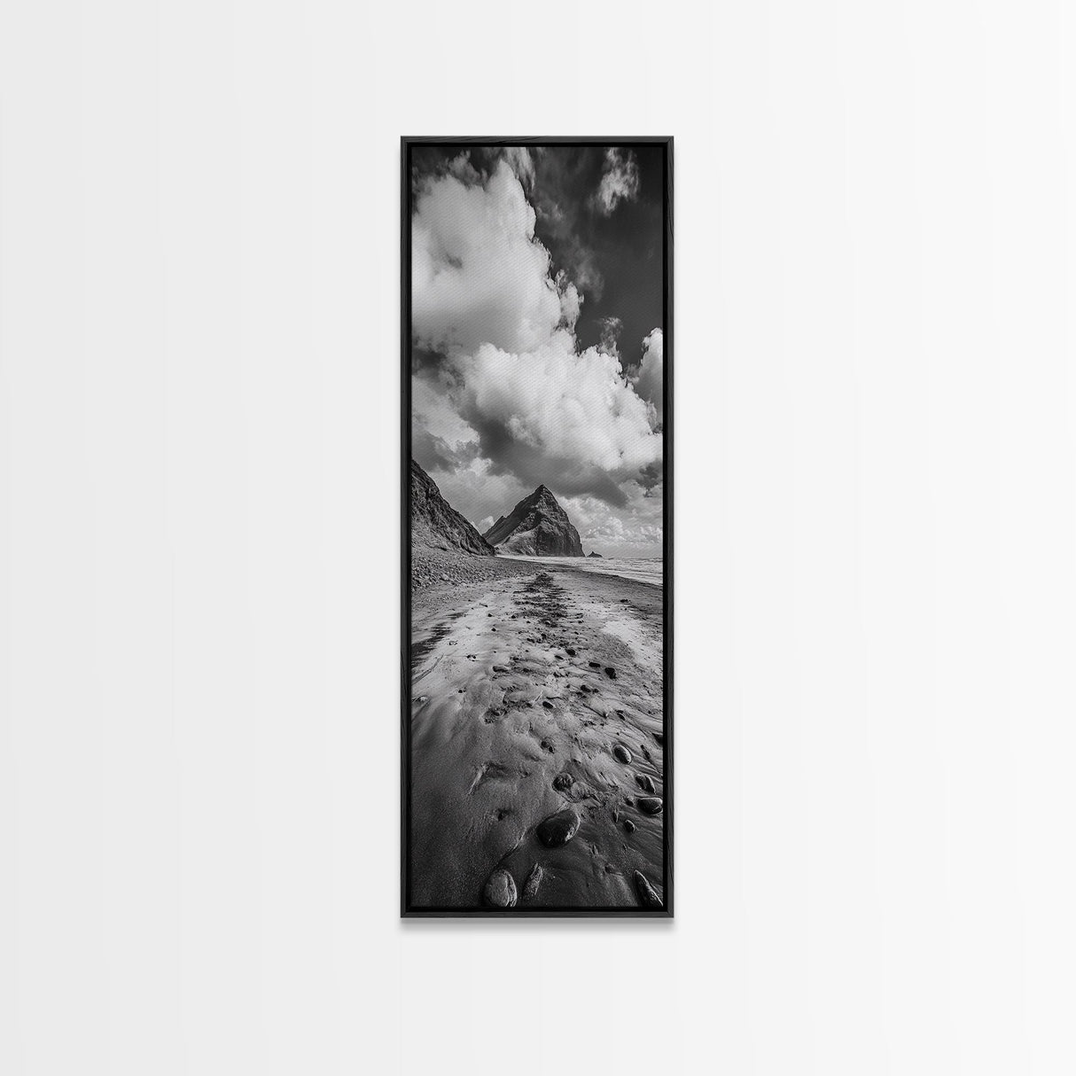 Mountain Beach Path, Cloudy Sky Landscape, Black and White Nature Scene, Framed Canvas Print, Entryway Fall Coastal Wall Decor