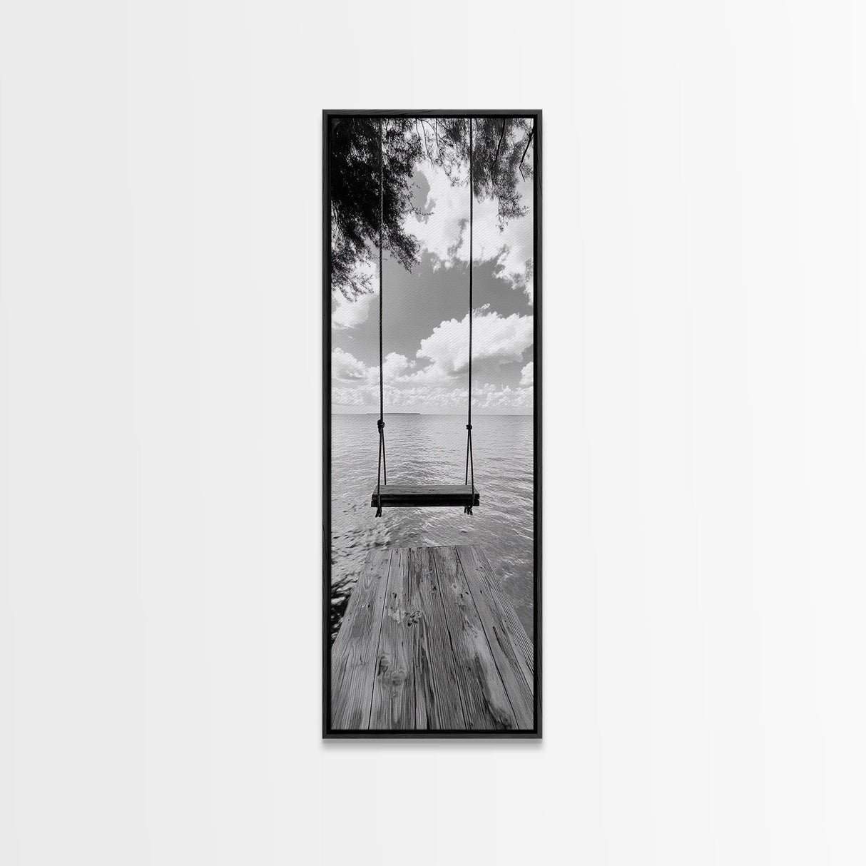 Lakeside Swing Stillness, Serene Water View Print, Peaceful Dock Photography, Canvas Print, Tranquil Bedroom or Office Wall Art