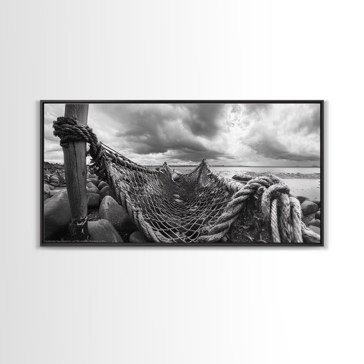 Fishing Net, Stormy Shore, Maritime Nostalgia, Rugged Rope Art, Framed Canvas Print, Nautical Living Room Wall Decor