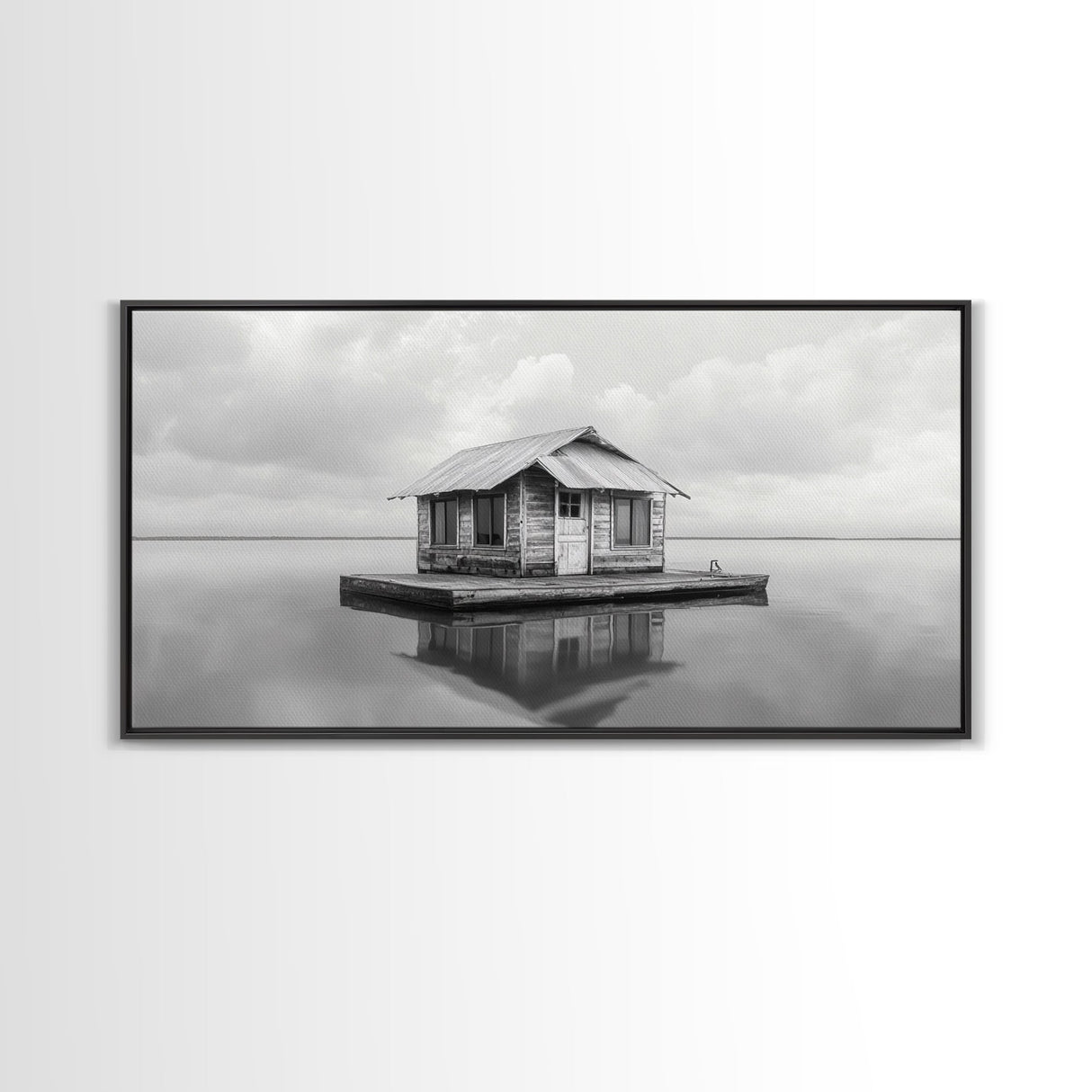 Floating Cabin, Lake House, Calm Waters, Dreamy Isolation Art, Canvas Print, Minimalist Living Room Wall Art, Coastal Style