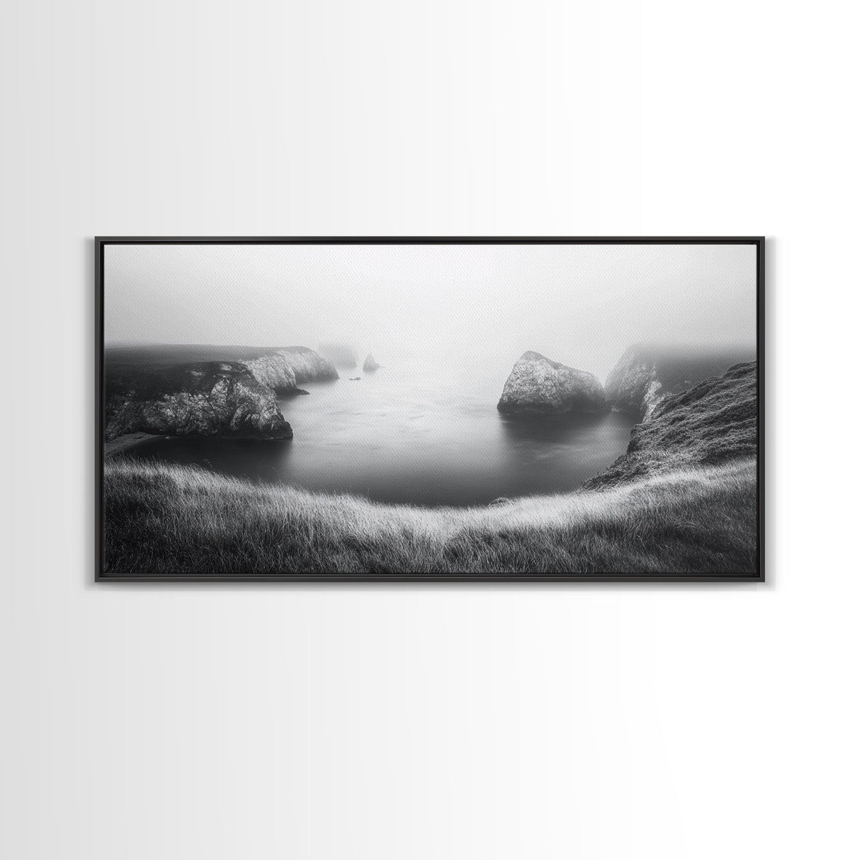 Serene Fog Cliffs, Dreamy Coastline, Soft Light Seascape, Canvas Print, Tranquil Bedroom Wall Art, Minimal Nature Photography