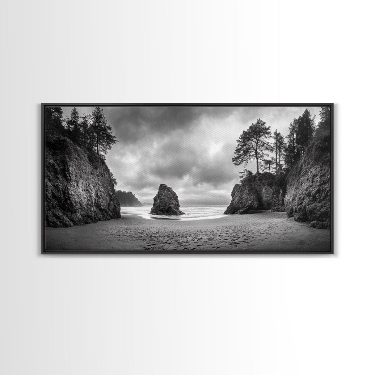 Hidden Coastal Cove, Dramatic Ocean Scene, Natural Seascape, Canvas Print, Rustic Cabin Wall Art, Black and White Beach Photography