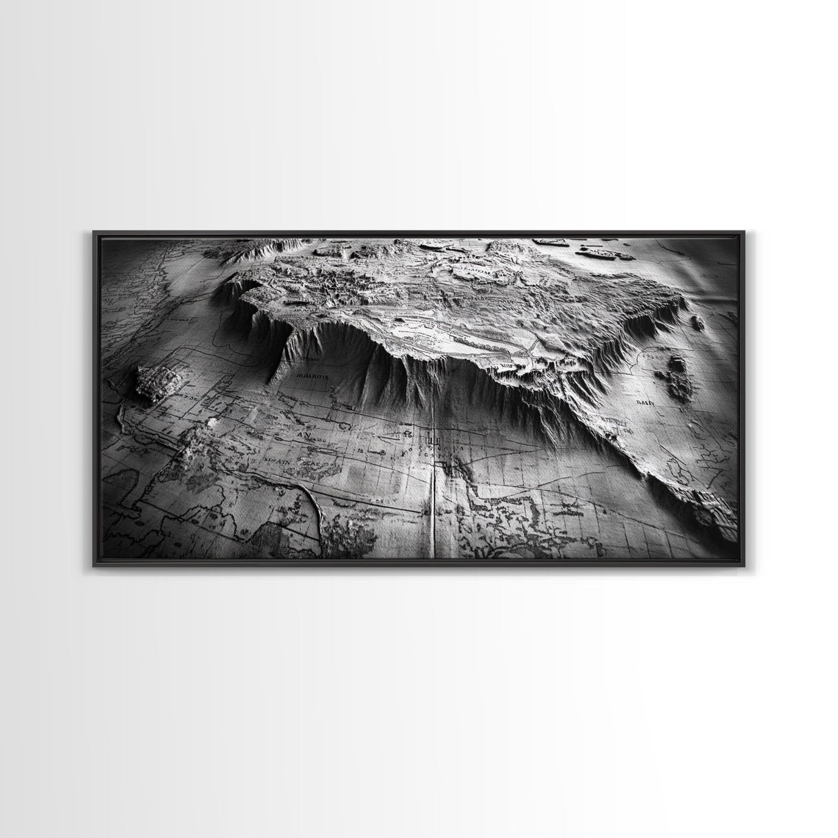 Topographic Map Detail, Antique Terrain, Black and White Landscape, Canvas Print, Office Wall Art, Historical Geography Decor