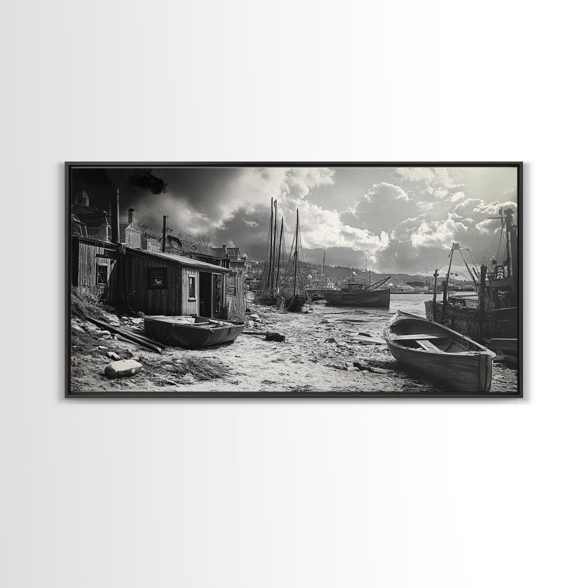Old Fishing Harbor, Weathered Boats, Coastal Village Scene, Canvas Print, Nautical Kitchen Wall Art, Maritime Black and White Decor