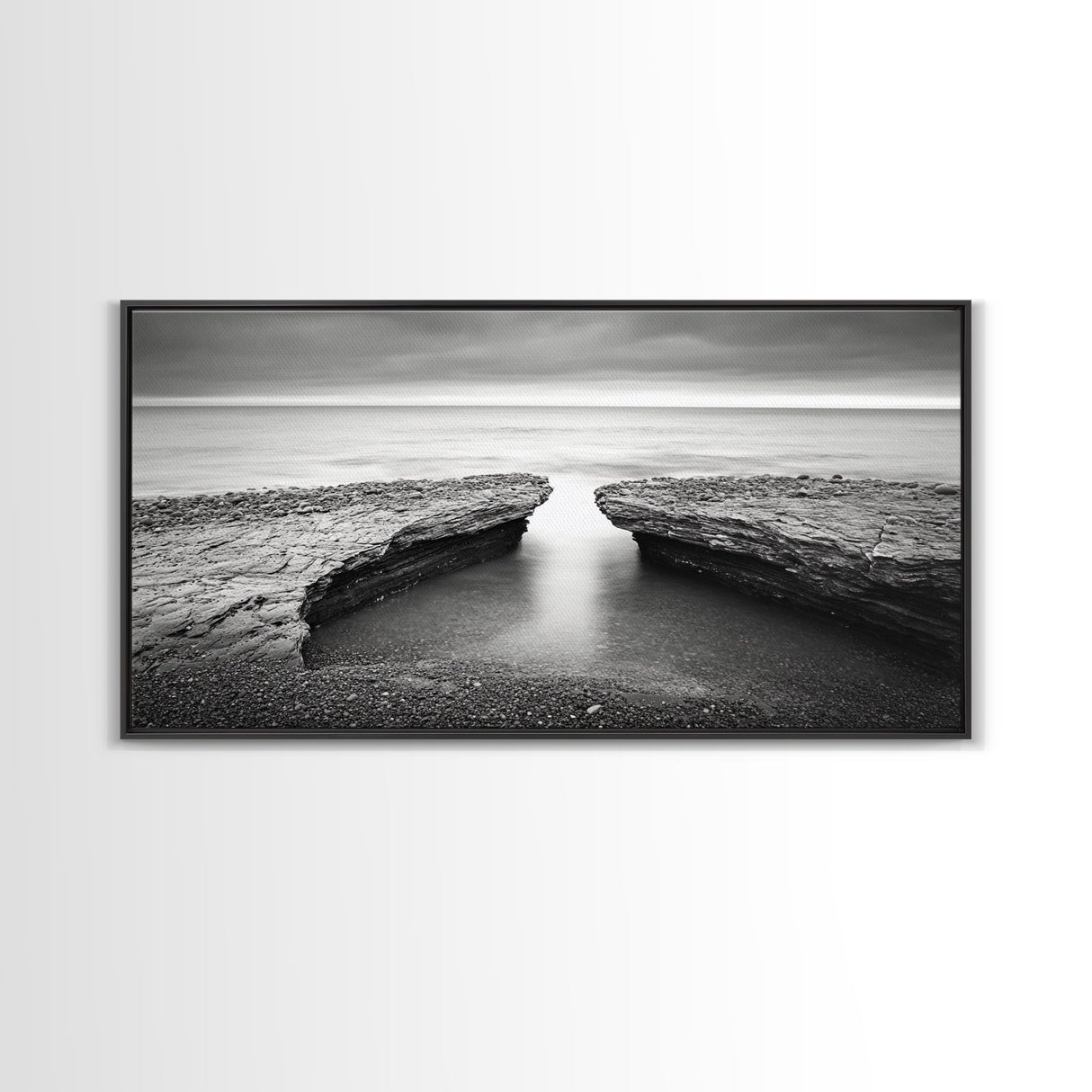 Ocean Rock Split, Calm Seascape Horizon, Monochrome Photography, Canvas Print, Bathroom Wall Art, Zen Coastal Aesthetic, Office Wall Art