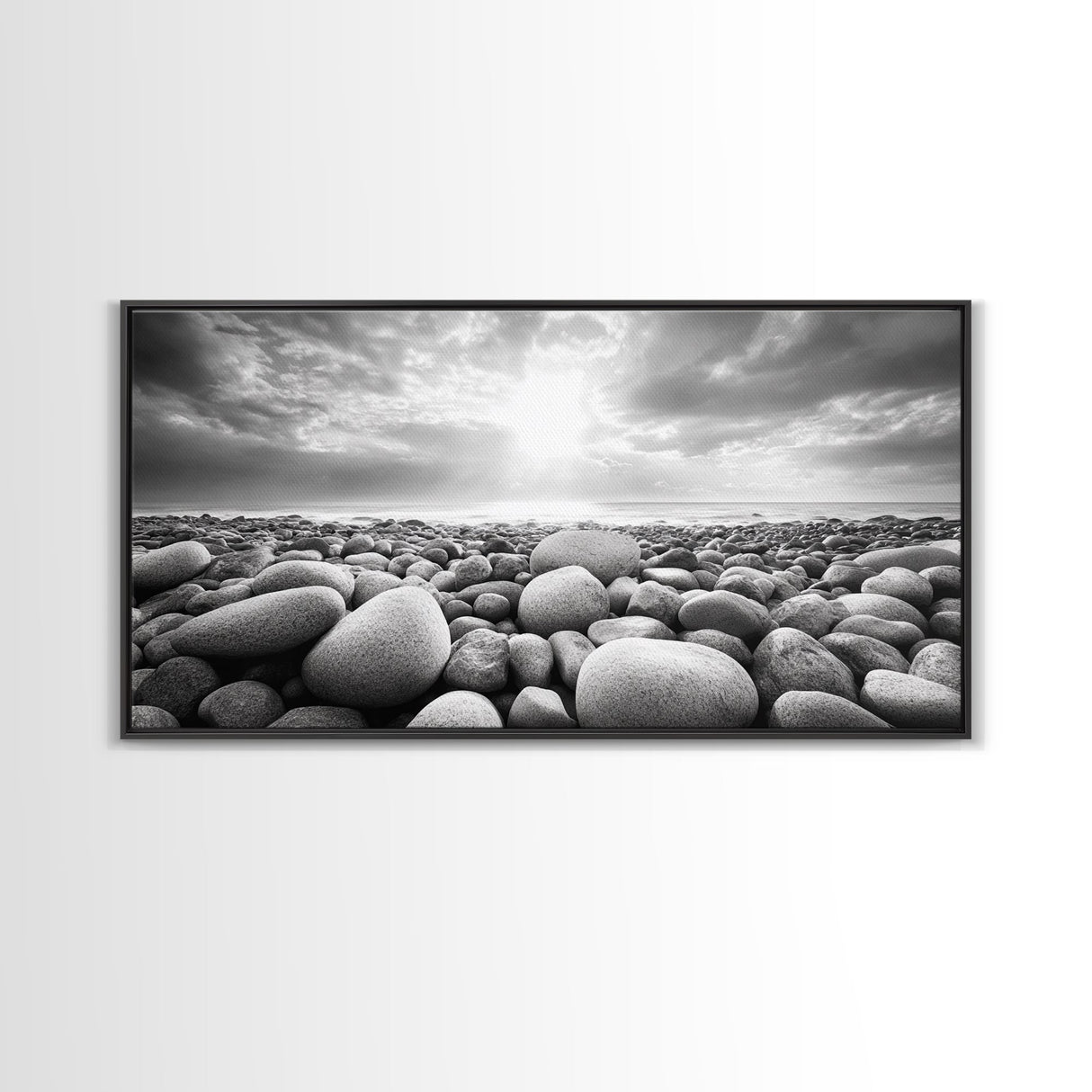 Pebble Beach Sunrise, Serene Rock Shore, Ocean Horizon Light, Framed Canvas Print, Bathroom Wall Art, Minimalist Coastal Decor