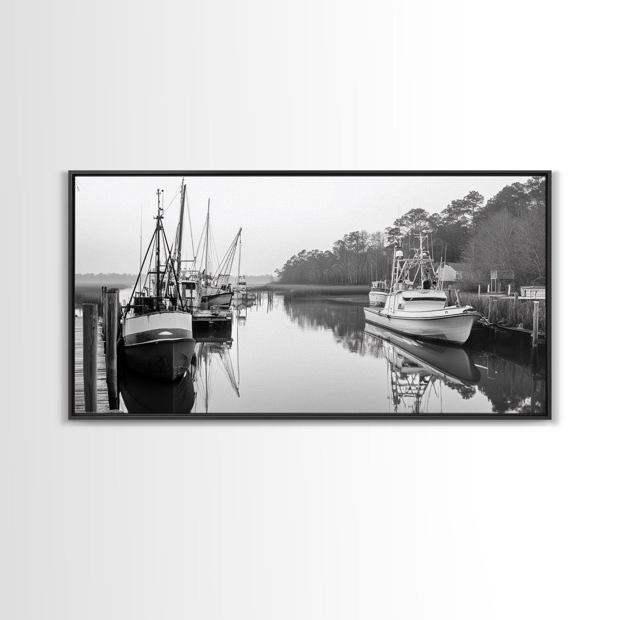 Fishing Boats Docked, Quiet Harbor Scene, Nautical River View, Framed Canvas Print, Kitchen Wall Art, Rustic Coastal Decor, Lodge Wall Art