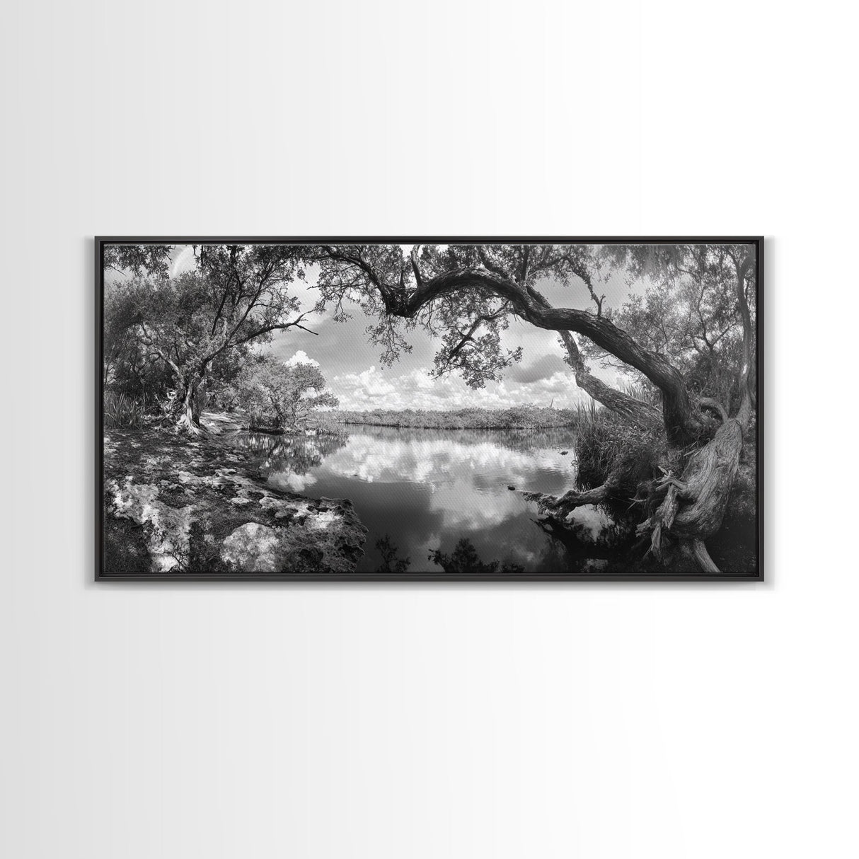 Tree Arch Reflection, Tranquil River View, Nature Canopy Water, Framed Canvas Print, Bedroom Wall Art, Zen Landscape Art, Cabin Decor