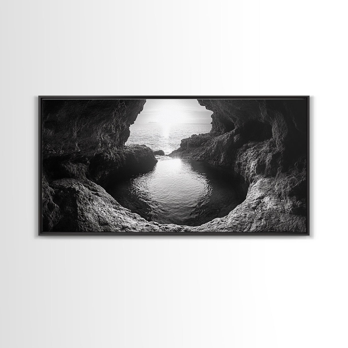 Ocean Cave Sunset, Seascape Art, Black and White Photography, Coastal Decor, Minimalist Style, Canvas Print, Bathroom Wall Art