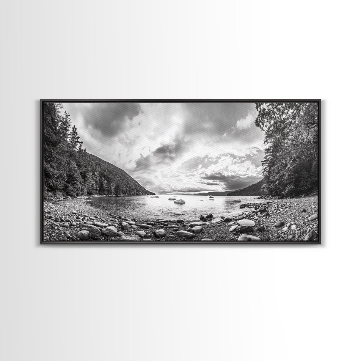 Forest Lake Serenity, Monochrome Nature, Tranquil Landscape, Canvas Print, Lodge Wall Art, Minimalist Cabin Decor, Black White
