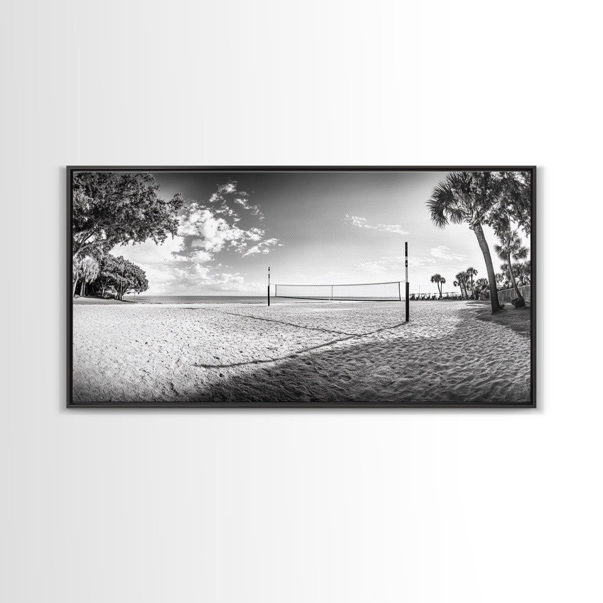 Volleyball Net, Coastal Leisure Scene, Bright Beach Vibe, Framed Canvas Print, Game Room Wall Art, Sporty Summer Beach Style