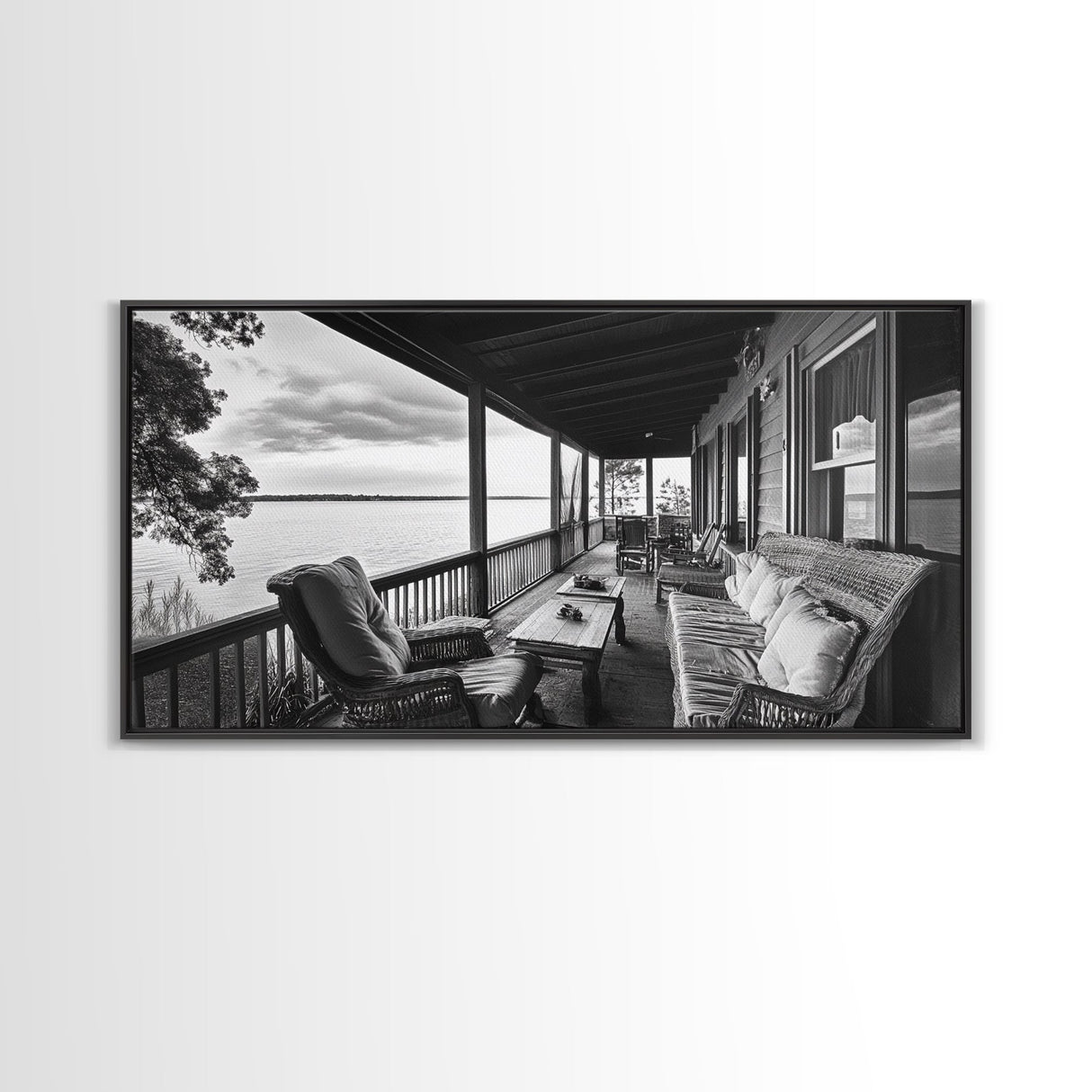 Porch Lake View, Rustic Escape, Cabin Life, Vintage Charm, Framed Canvas Print, Entryway Wall Art, Country Home Aesthetic, Cozy Style