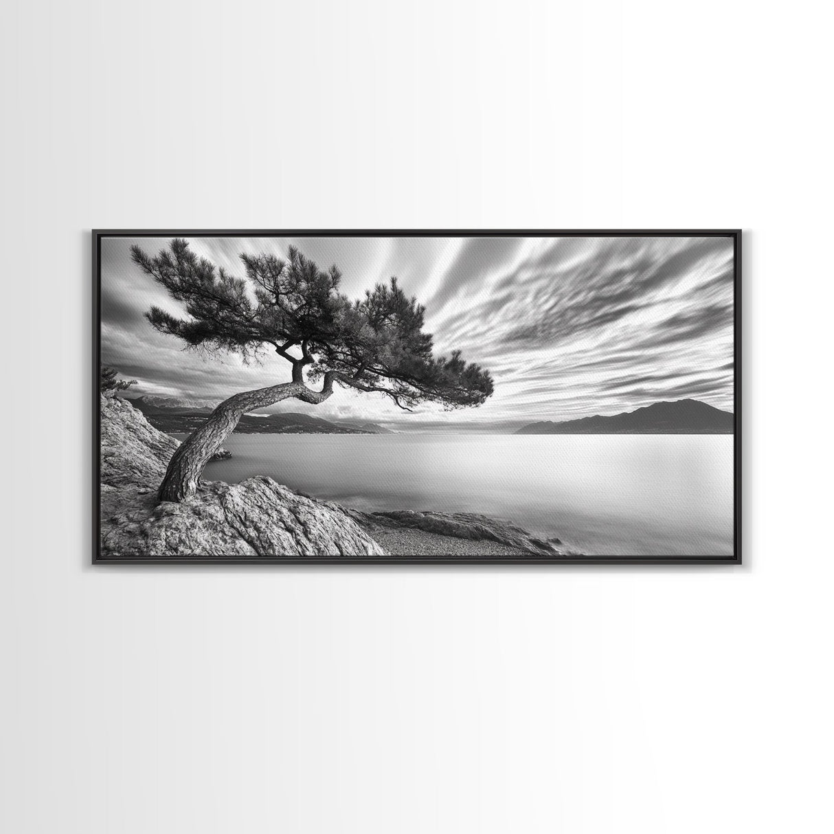 Tree Horizon, Curved Pine, Coastal Calm, Zen Scene, Canvas Print, Living Room Wall Art, Wabi Sabi Decor, Natural Minimal Aesthetic