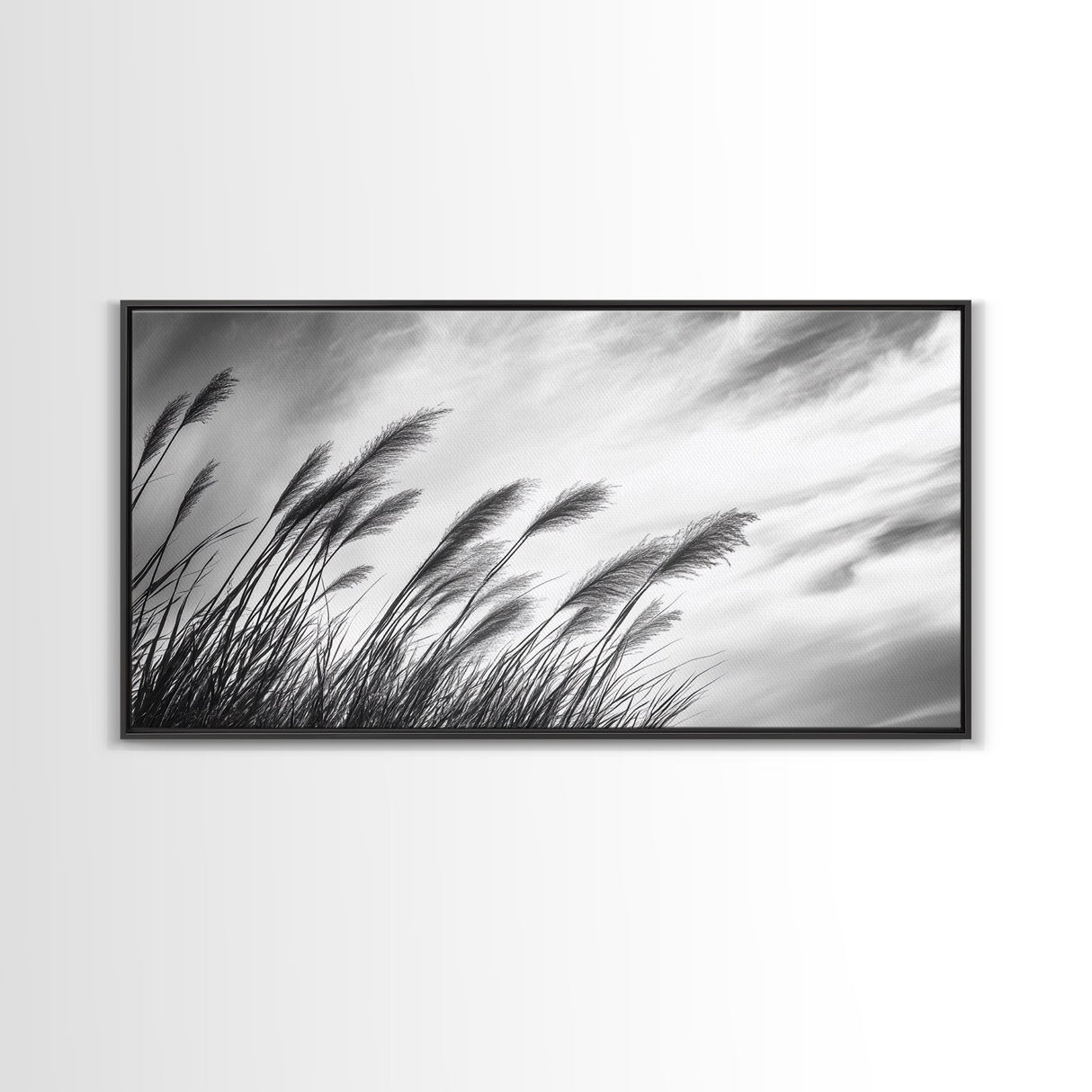 Pampas Grass, Wind Blown, Sky Motion, Autumn Field, Framed Canvas Print, Boho Wall Art, Bedroom Fall Botanical Decor, Living Room Decor