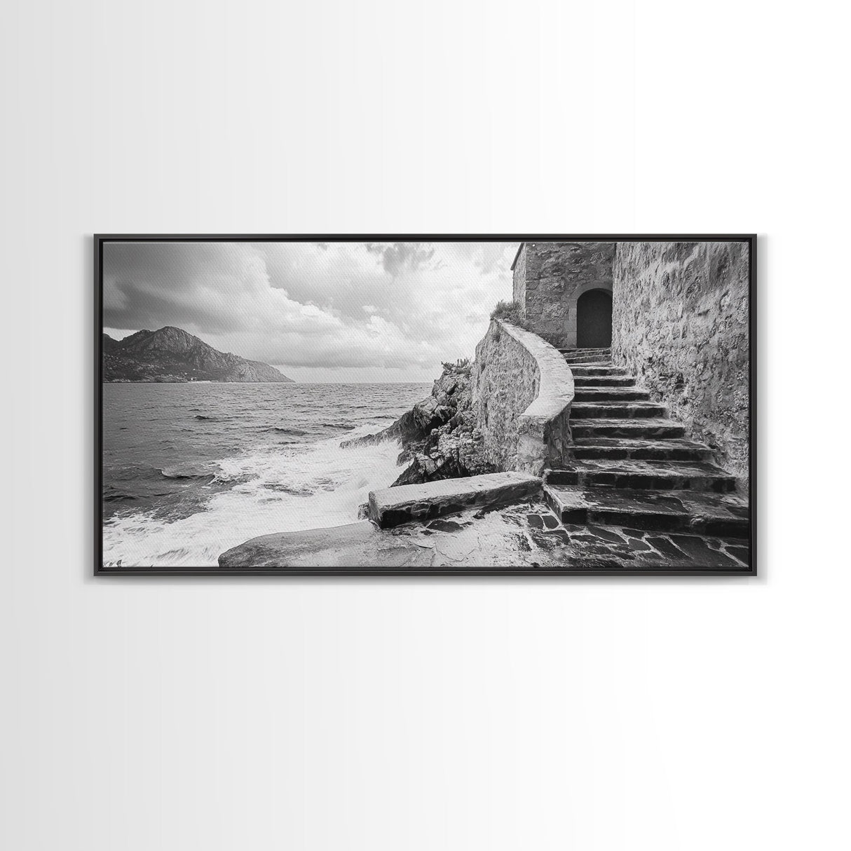 Stone Stairway, Ocean Cliff, Coastal Architecture, Mediterranean Charm, Framed Canvas Print, Rustic Wall Art, Entryway Travel Decor