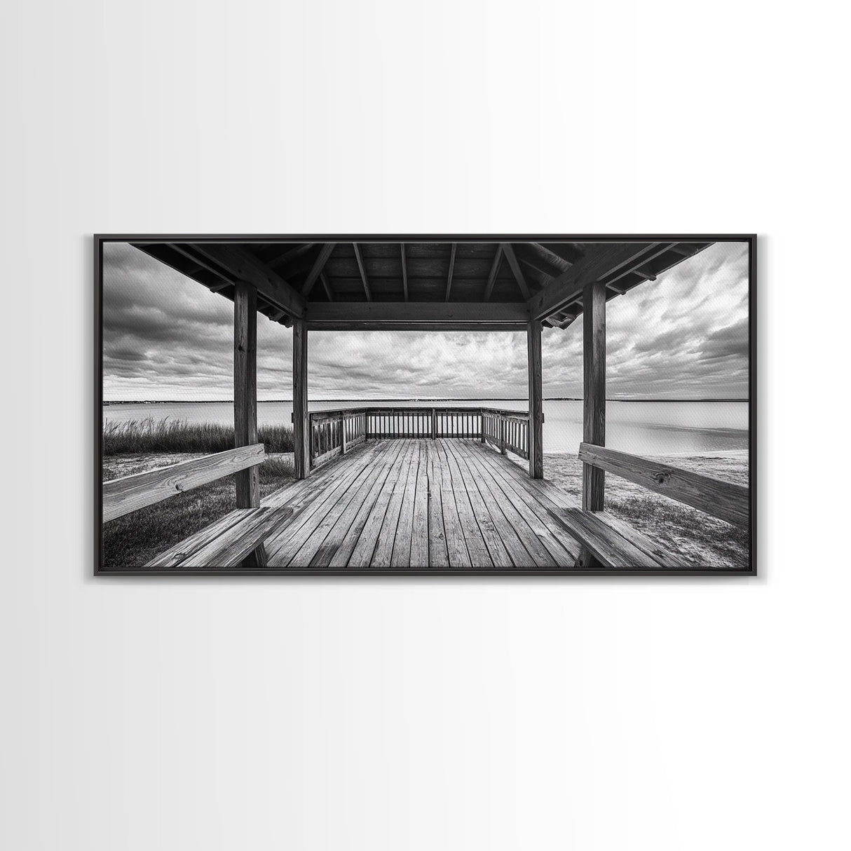 Gazebo By Water, Serene Lake View, Rustic Deck Canvas Print, Minimalist Landscape Wall Art, Neutral Bedroom, Tranquil Home Decor