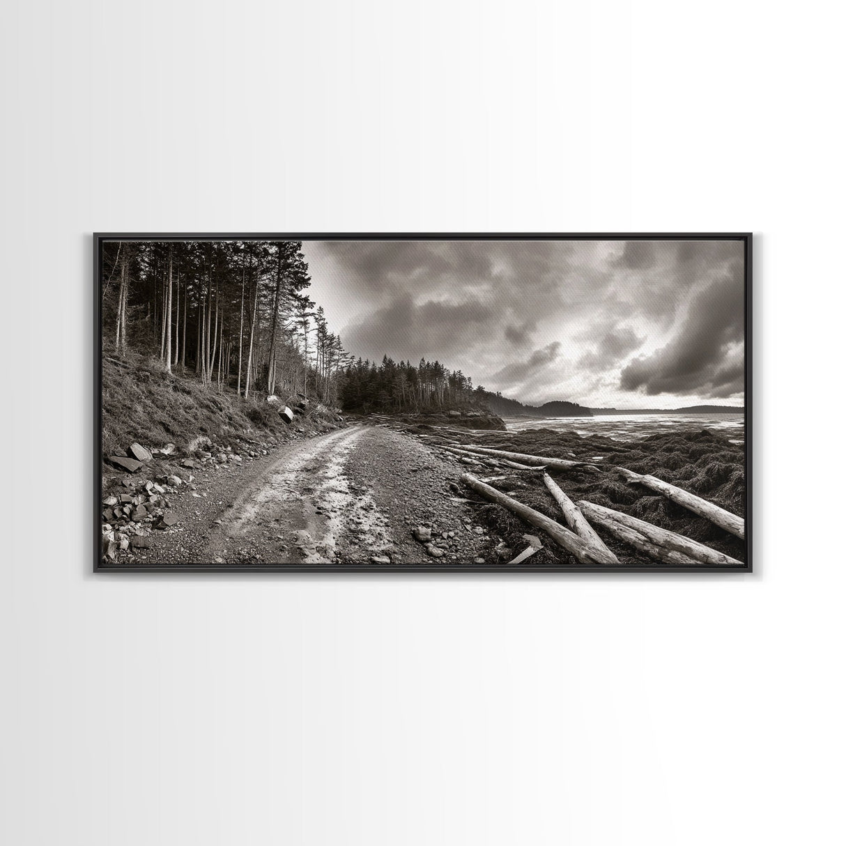Forest Ocean Trail, Stormy Beach Scene, Driftwood Pathway, Framed Canvas Print, Cabin Entryway or Nature-Inspired Living Room Art