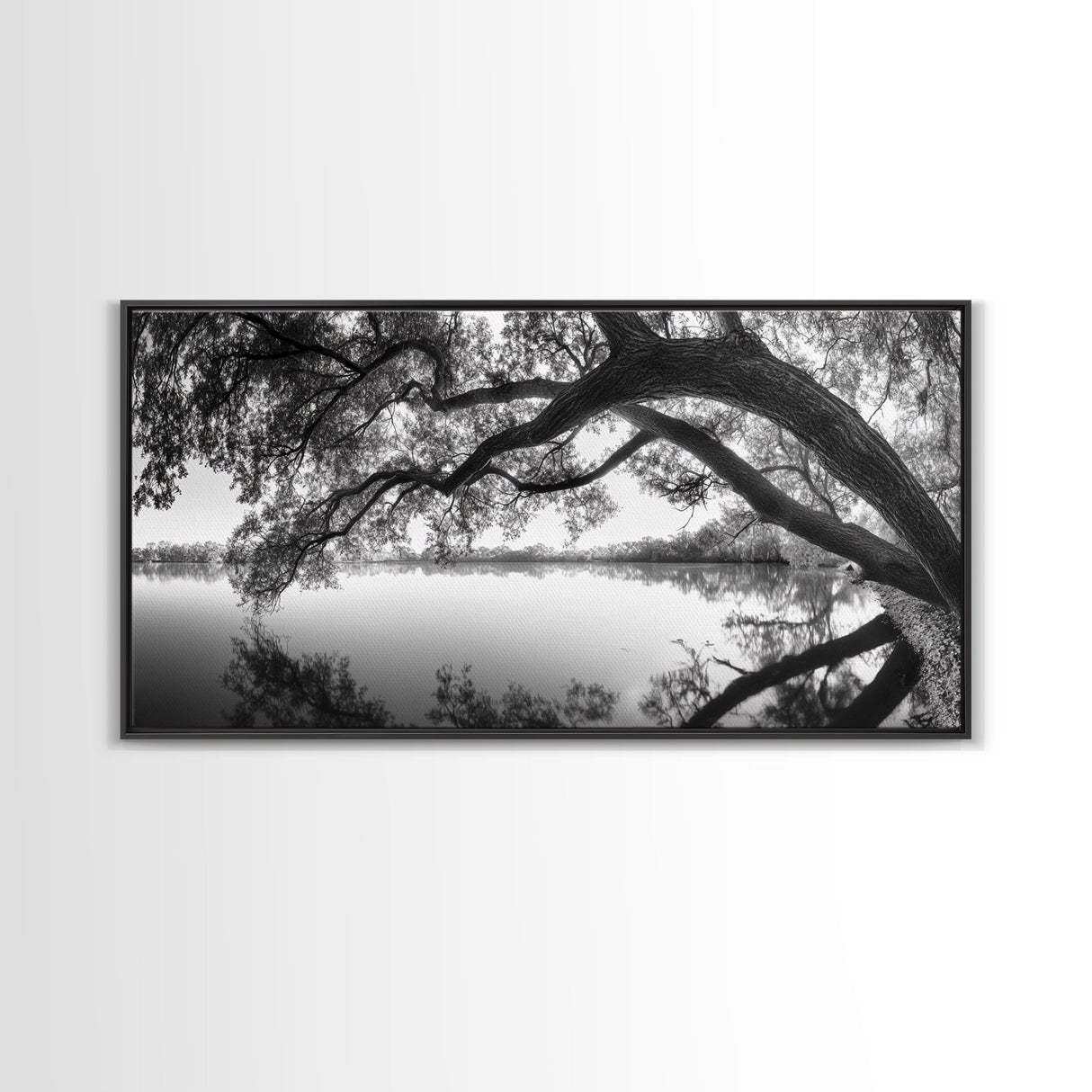 Serene Lake View, Tree Reflections, Calm Nature Landscape, Framed Canvas Print, Minimalist Bedroom or Spa Bathroom Wall Art