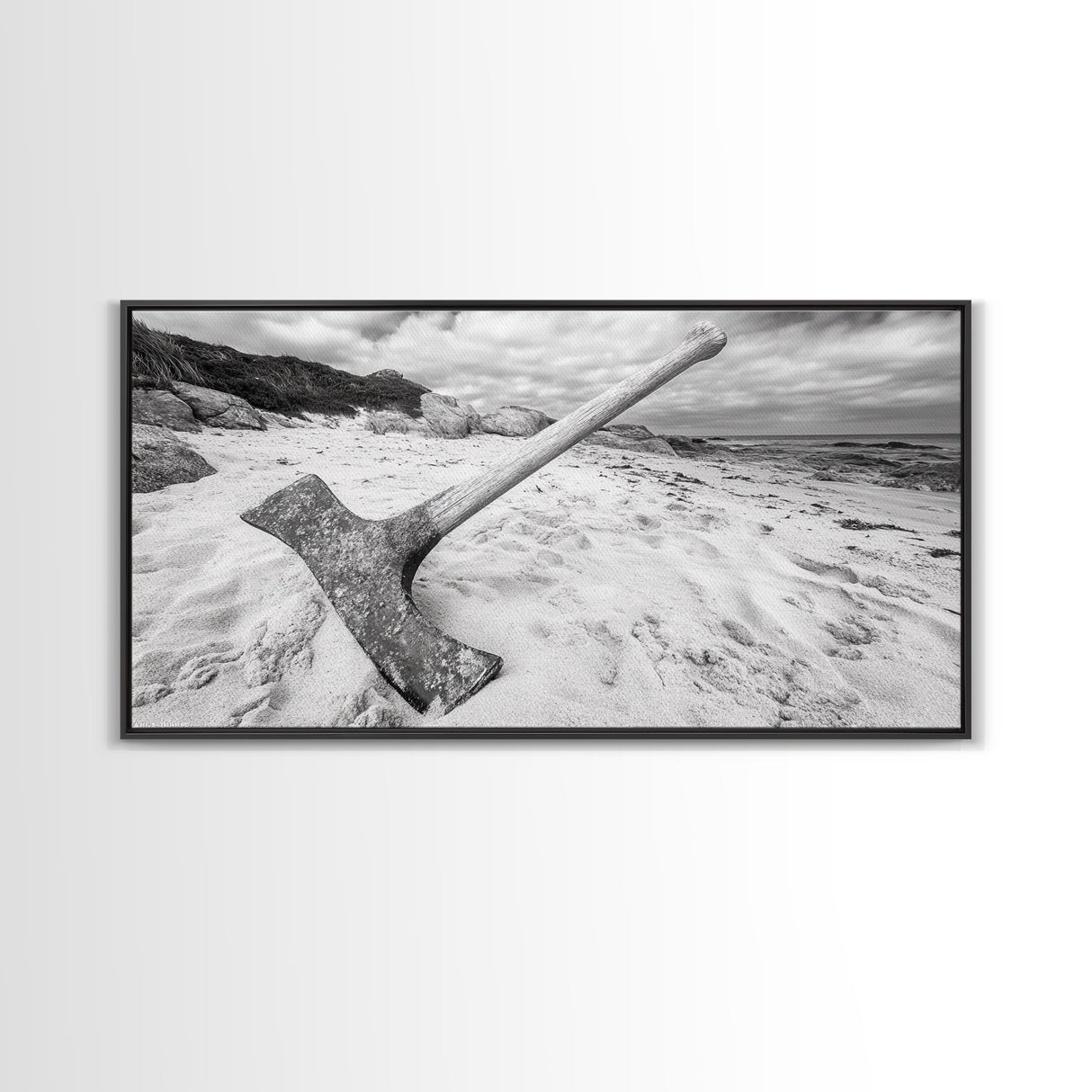Axe in Sand, Abandoned Tool Scene, Rustic Coastal Mood, Framed Canvas Print, Cabin Wall Art or Moody Fall Living Room Decor, Bathroom Wall Art