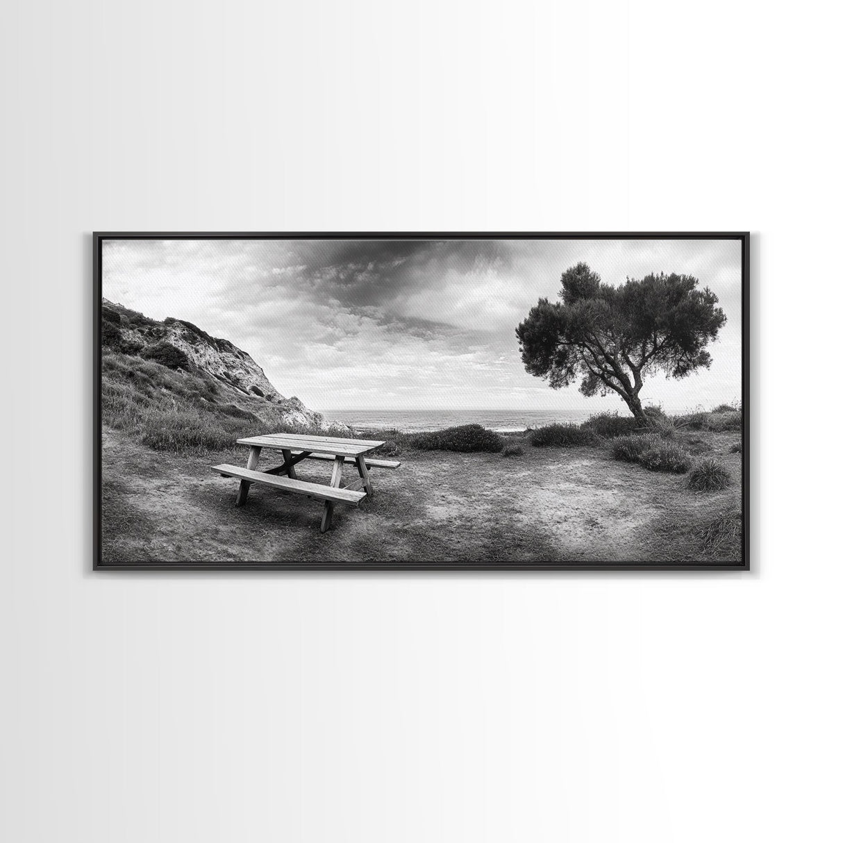 Picnic Table View, Coastal Meadow Scene, Tree and Cliff Horizon, Framed Canvas Print, Relaxing Kitchen or Outdoor Patio Wall Art
