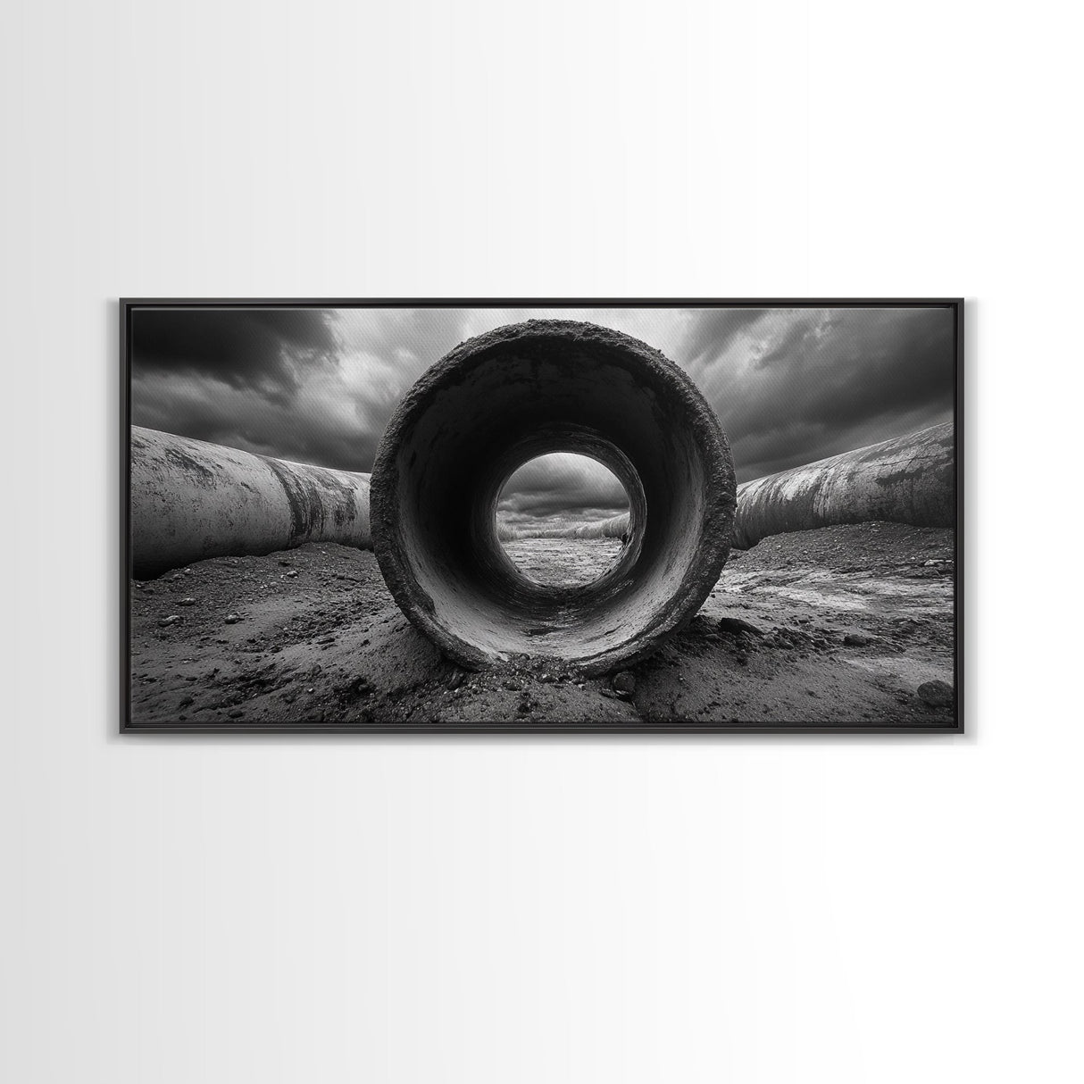 Storm Drain Pipe, Industrial Perspective, Moody Cloudscape, Framed Canvas Print, Urban Loft Decor or Dramatic Modern Wall Art