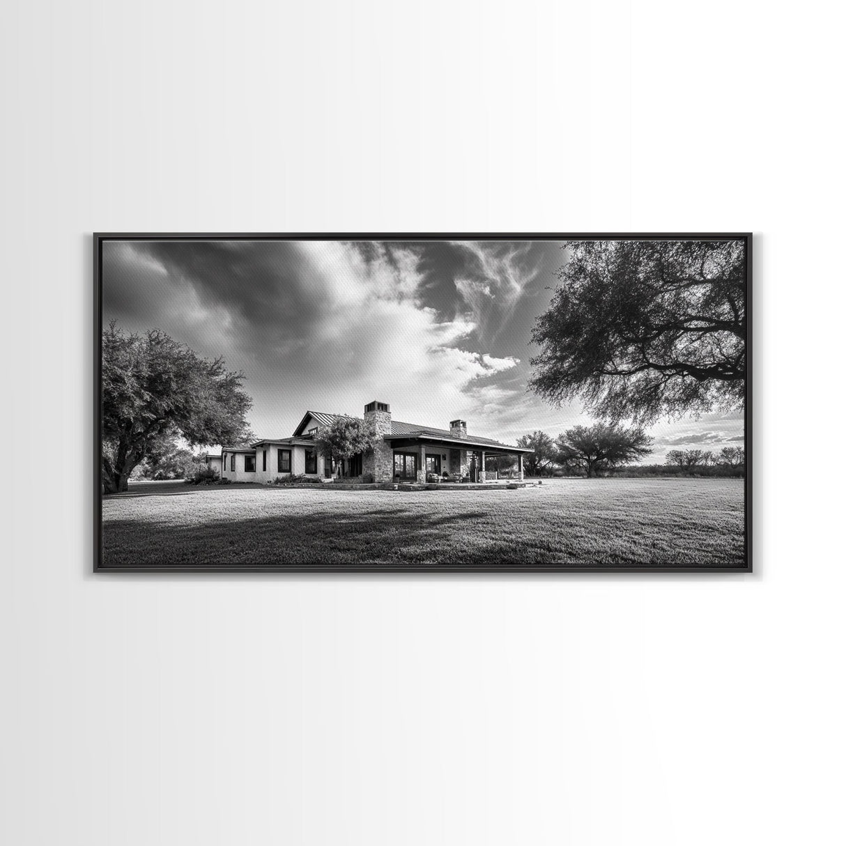 Southwestern Ranch Home, Texas House Scene, Peaceful Rural Living, Framed Canvas Print, Rustic Landscape Art, Living Room Decor